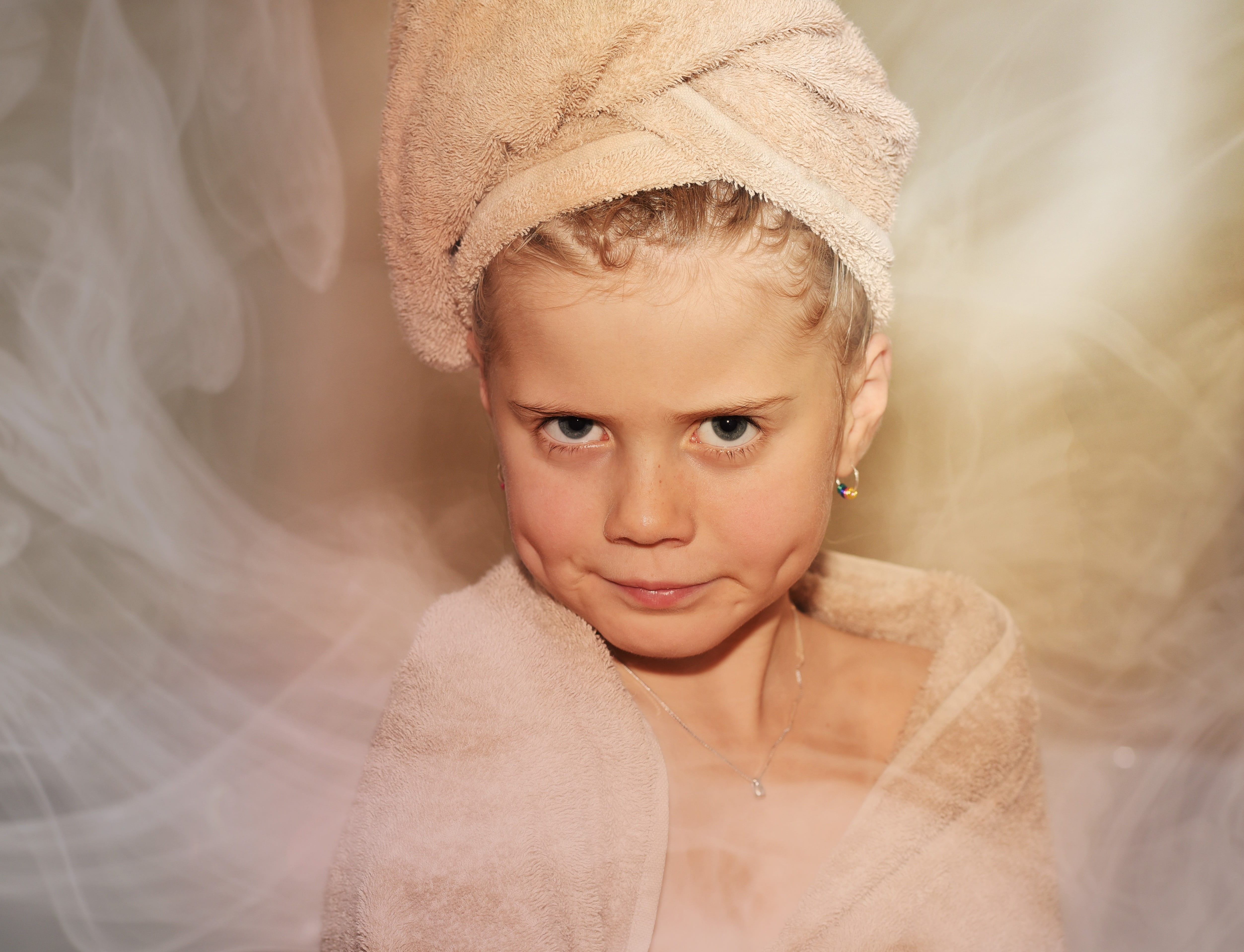 girl, child, frowning, childhood, portrait, serious, smoke, face, close-up, front view, sauna, contemplation, fog, indoors, 4K, women, looking at camera, HD Wallpaper