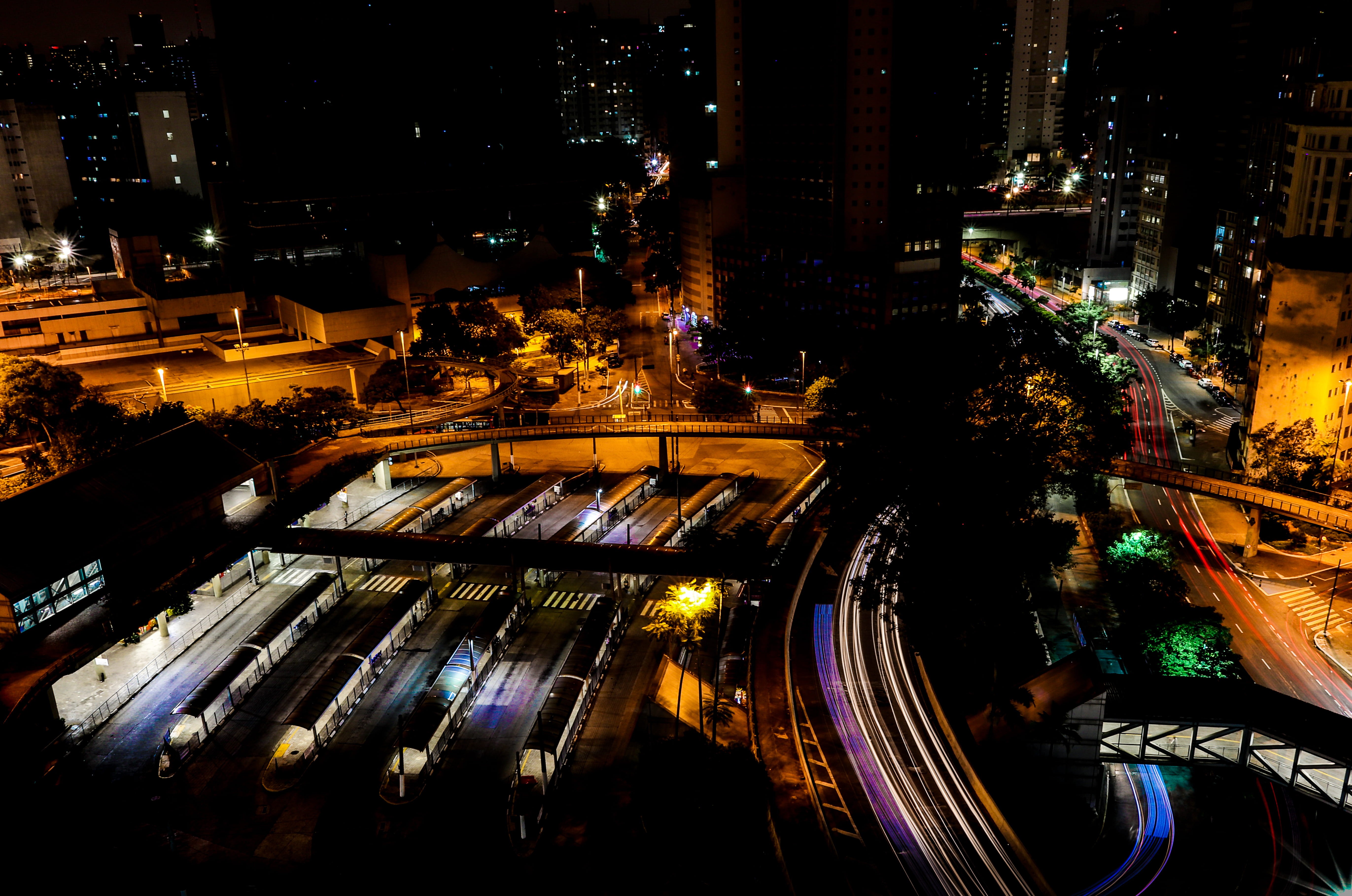 skyscraper, station, watercraft, town, nightlife, night time, glowing, high angle view, vessel, night photography, highway, night sky, train, 5K, outdoors, HD Wallpaper