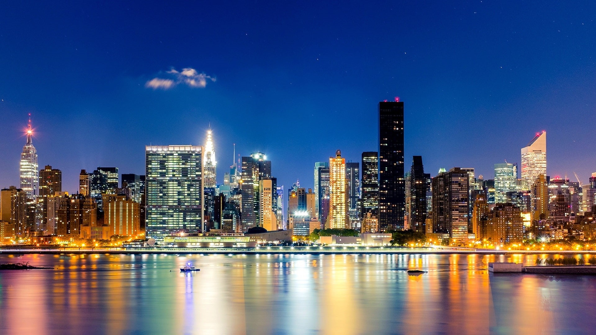 New, Skyscrapers, Water, Night, City, landscape, 1080P, Buildings, York, Lights, Manhattan, HD Wallpaper