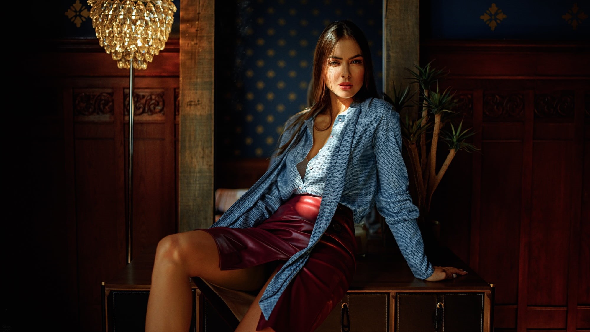 clothing, adult, real people, sitting, leather skirts, beautiful woman, fashion, contemplation, lifestyles, three quarter length, hairstyle, red, 1080P, HD Wallpaper