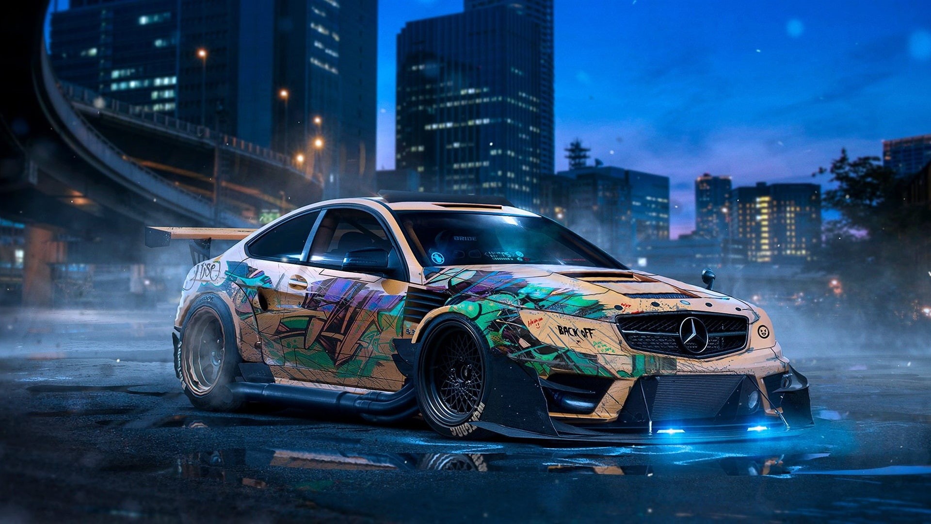 Lights, Benz, Supercar, 1080P, amg, Mercedes, Night, c, HD Wallpaper