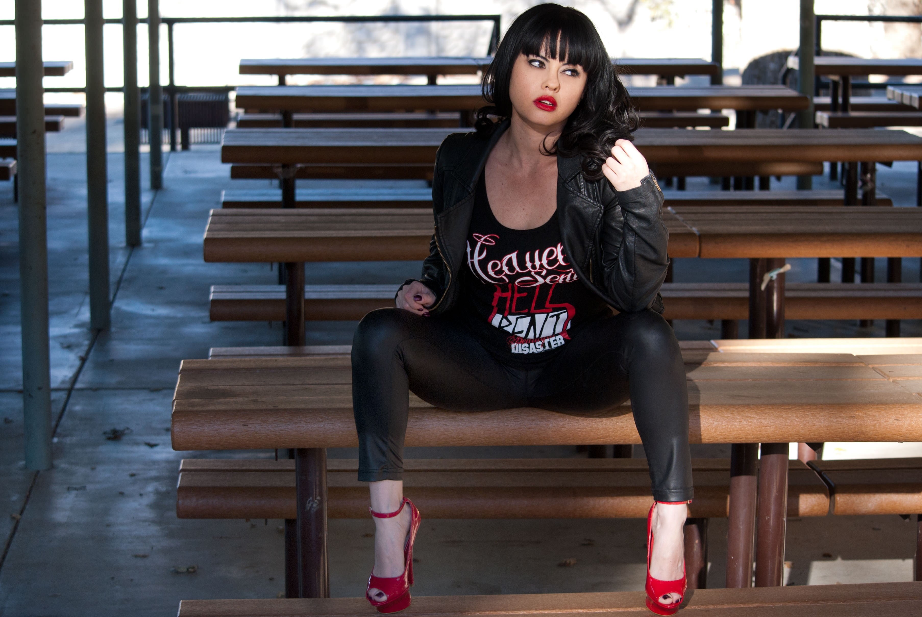 red lipstick, 2K, women, young women, real people, seat, sitting, full length, contemplation, casual clothing, front view, black, young adult, beautiful woman, HD Wallpaper