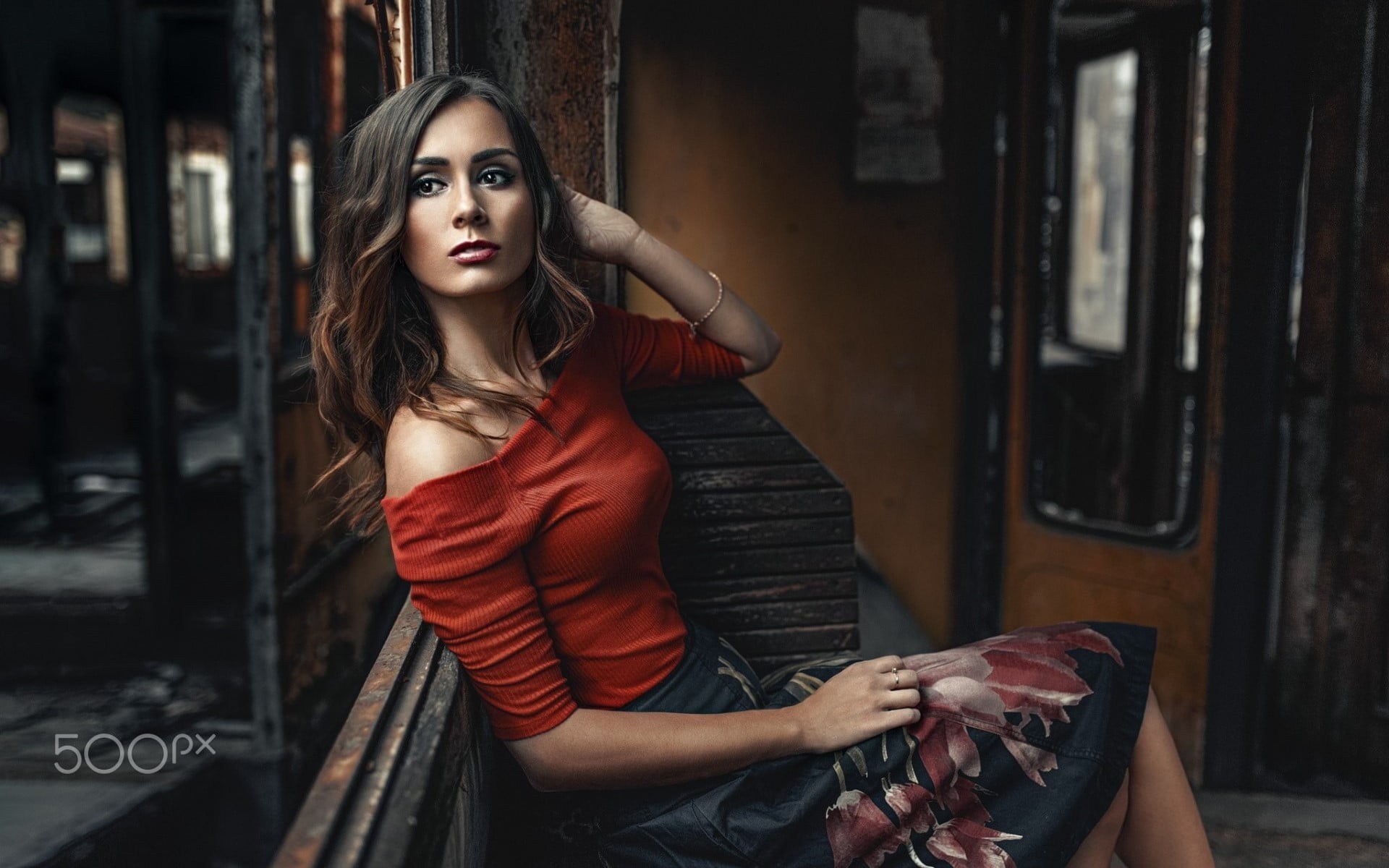 model, adult, 1080P, beauty, young women, three quarter length, portrait, front view, hairstyle, leather, looking at camera, outdoors, long hair, sitting, HD Wallpaper