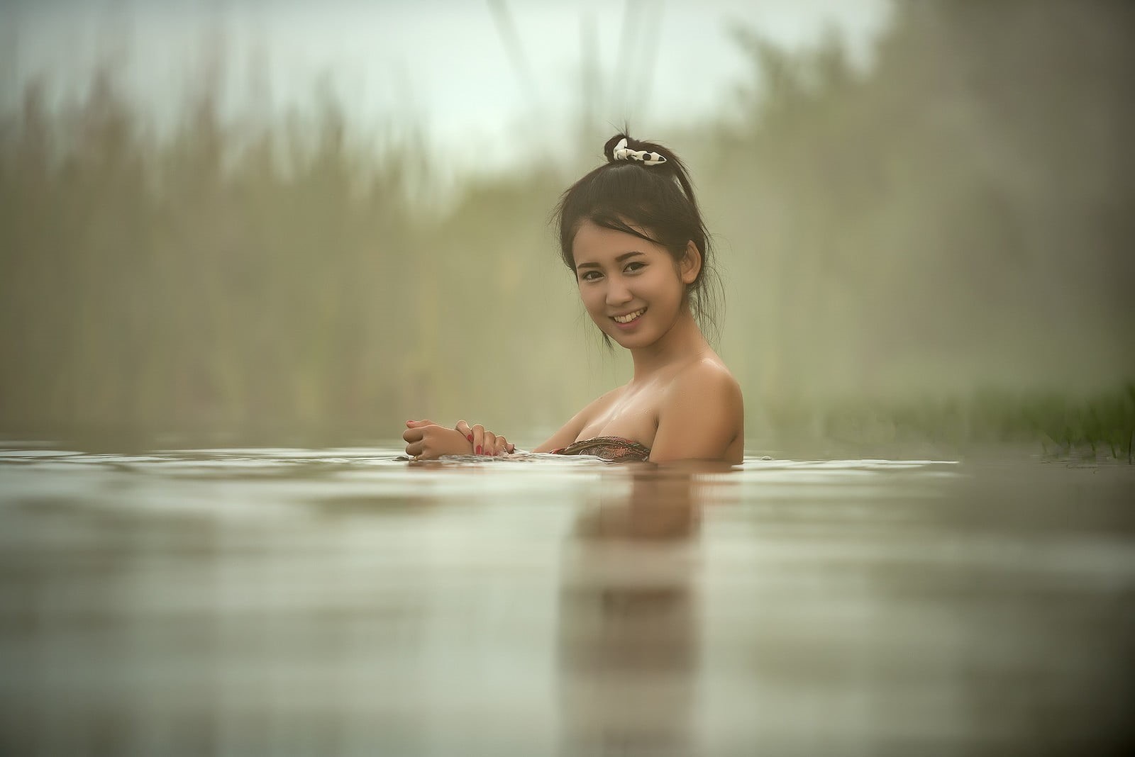 water, lifestyles, outdoors, 720P, smiling, swimming, beautiful woman, young women, Asian, leisure activity, nature, headshot, Thailand, one person, wet, HD Wallpaper