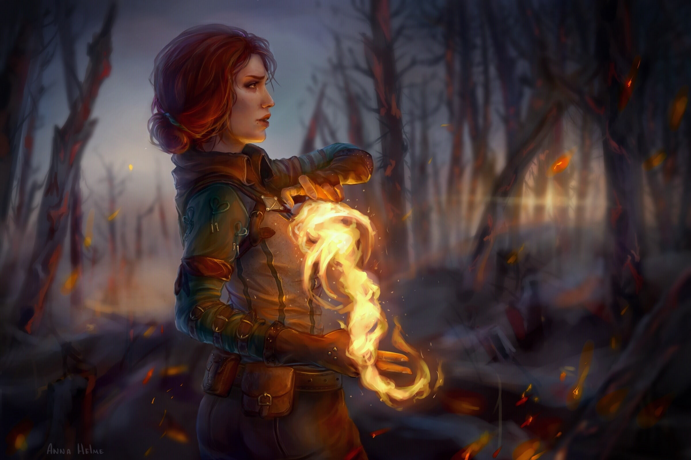 1080P, Triss Merigold, red, The Witcher 3: Wild Hunt, profile, magic, HD Wallpaper