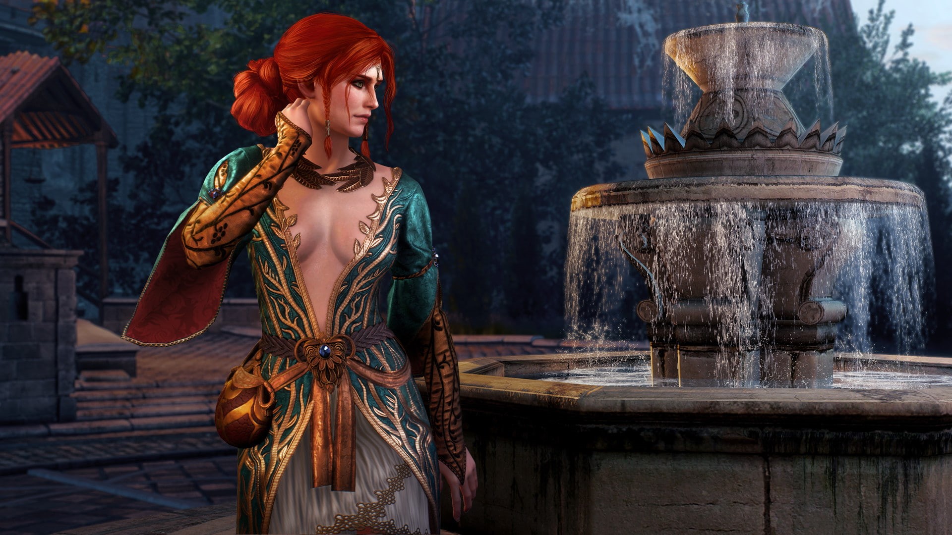 games, witcher, clothing, game, triss merigold, 1080P, outfit, witch, the Witcher, the wild hunt, the witch, red, the enchantress, Triss, fountain, witcher, HD Wallpaper