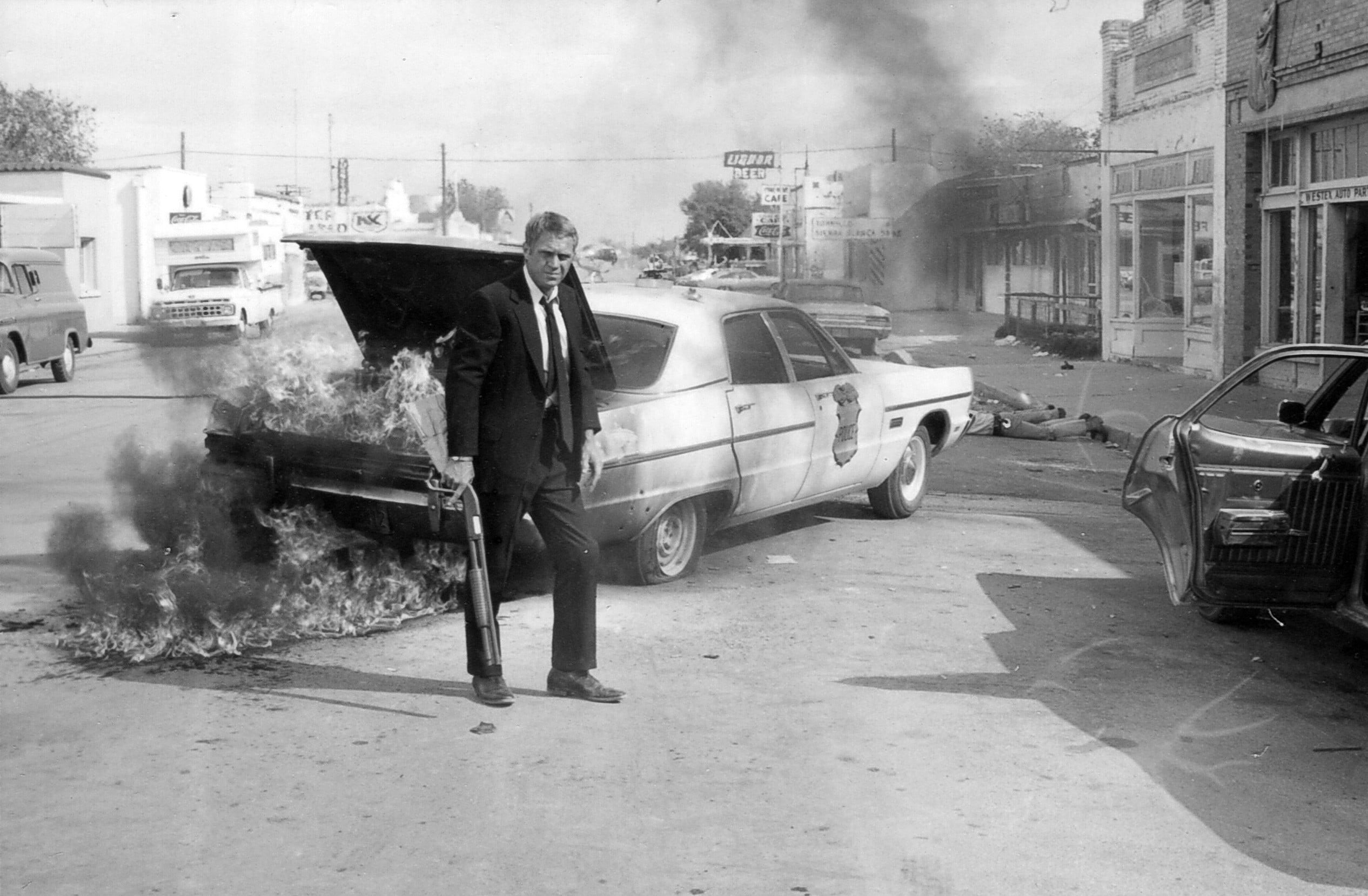 street, car, building exterior, real people, road, transportation, land vehicle, toxido, photo, grayscale, day, movies, smoke - physical structure, wearing, HD Wallpaper