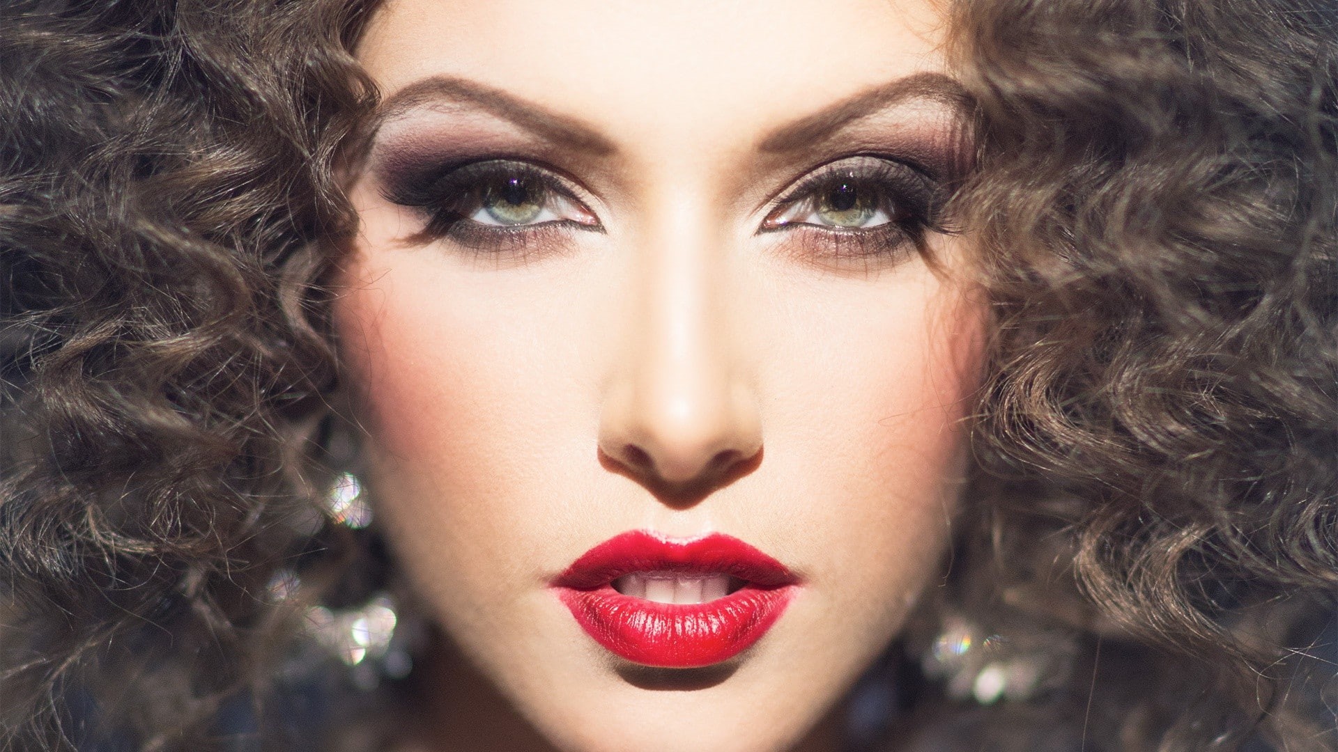 curly hair, 1080P, face, makeup, portrait, women, model, red lipstick, HD Wallpaper