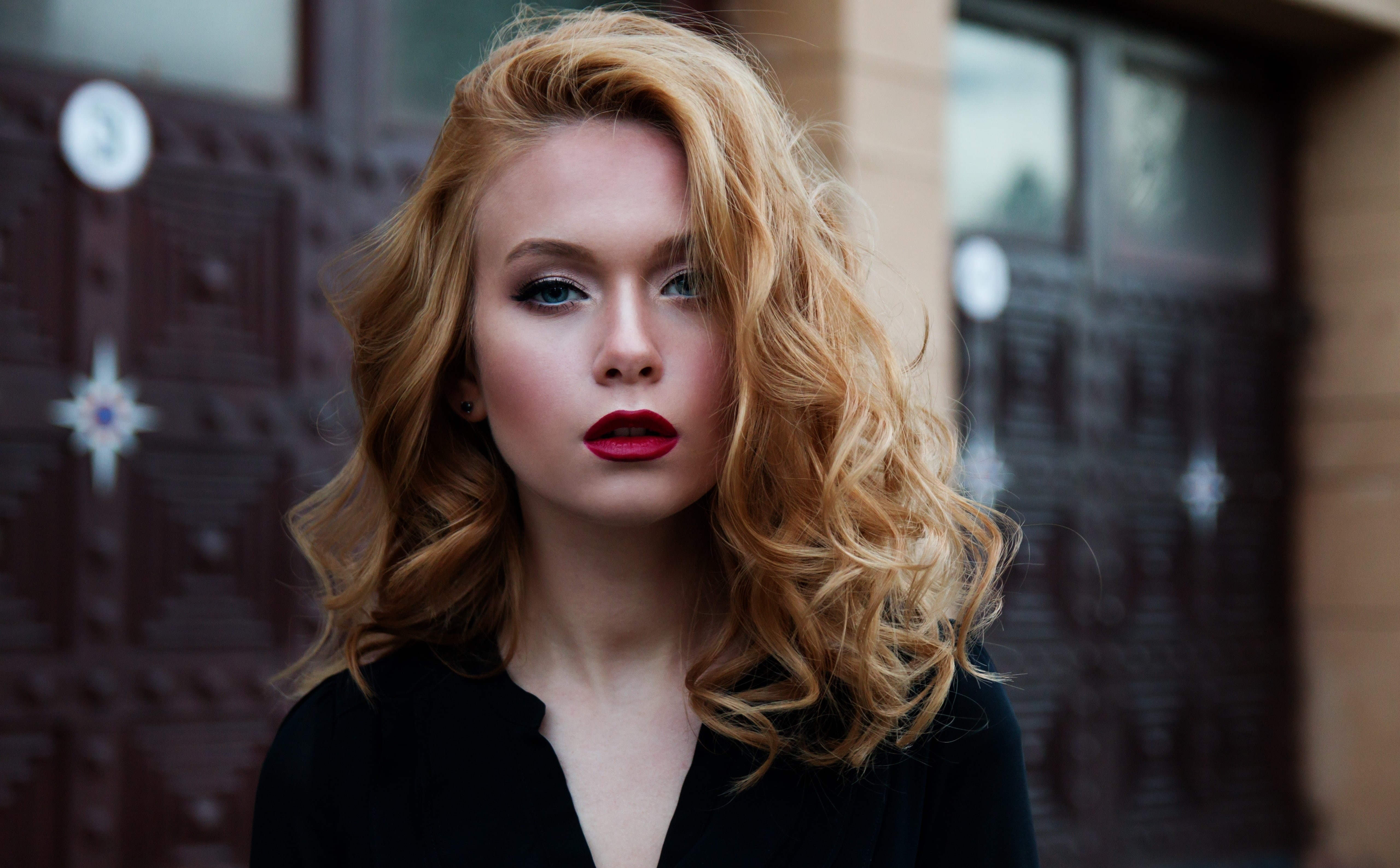 blond hair, beautiful woman, redhair, redlips, Beautiful, young women, contemplation, top, hairstyle, Portrait, Russian, plunging, women, 5K, long, lipstick, HD Wallpaper