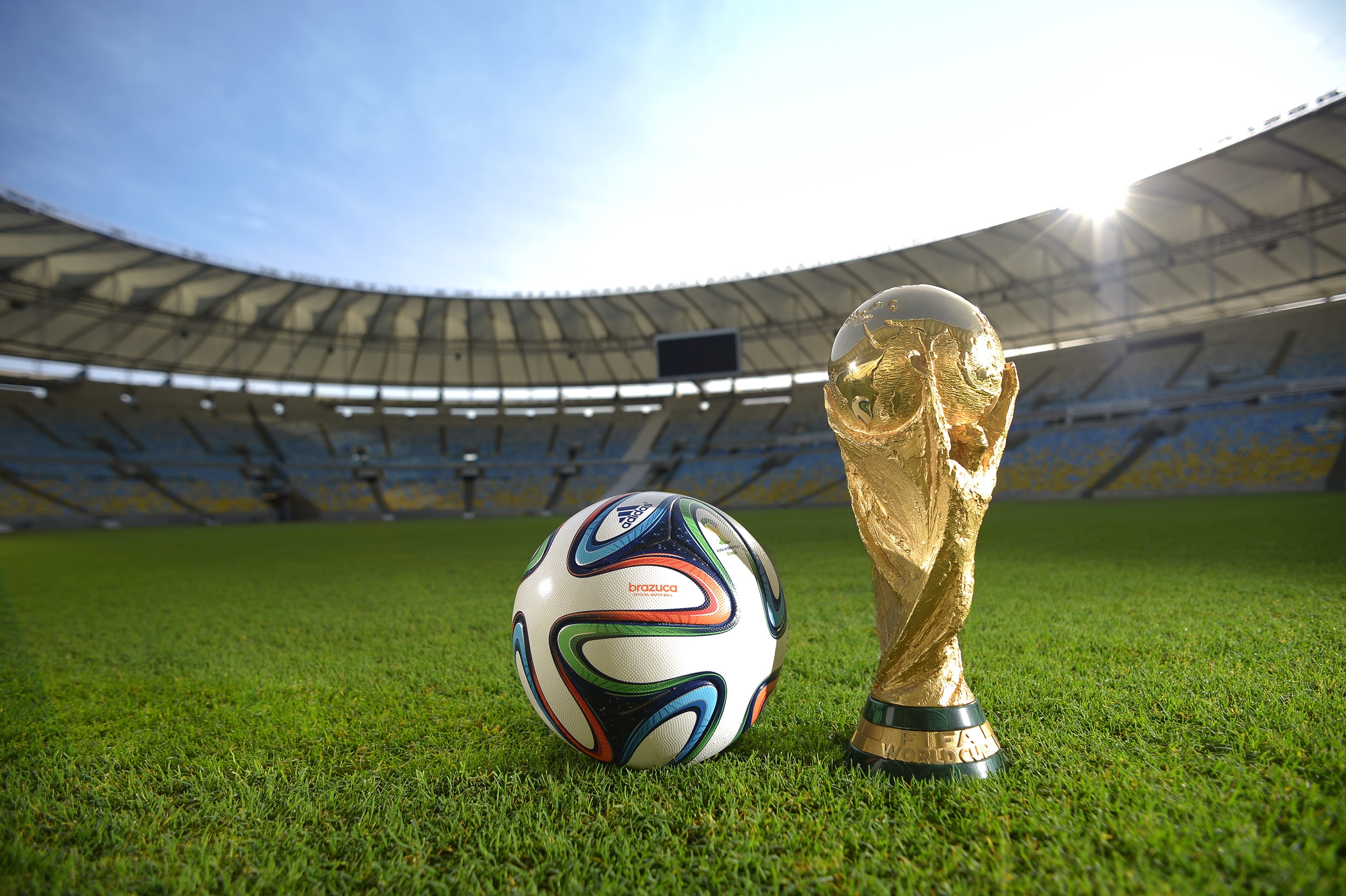 sunlight, team Sport, Cup, Ball, representation, World Cup 2014, success, sky, competitive Sport, people, no people, field, white, nature, plant, Brazil, HD Wallpaper
