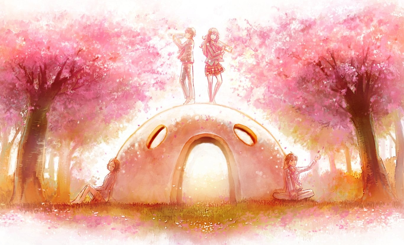 nature, Your Lie in April, flower, arch, four, Ryota Watari, outdoors, sunlight, 720P, digital composite, sky, built structure, pink color, HD Wallpaper