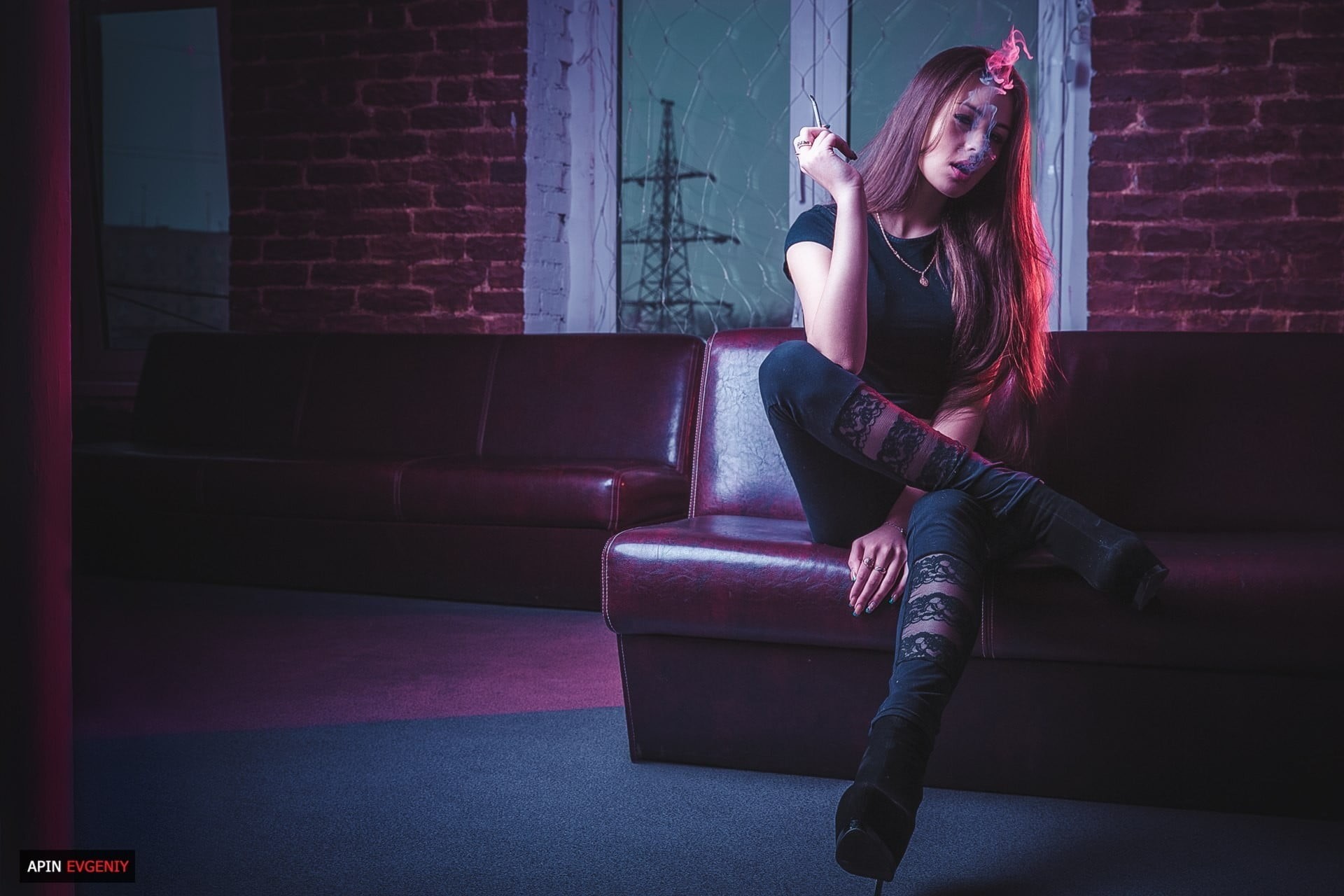 hair, cigarettes, young women, brunette, full length, lifestyles, indoors, long hair, one person, model, Caucasian, brick, real people, couch, adult, wall - building feature, HD Wallpaper