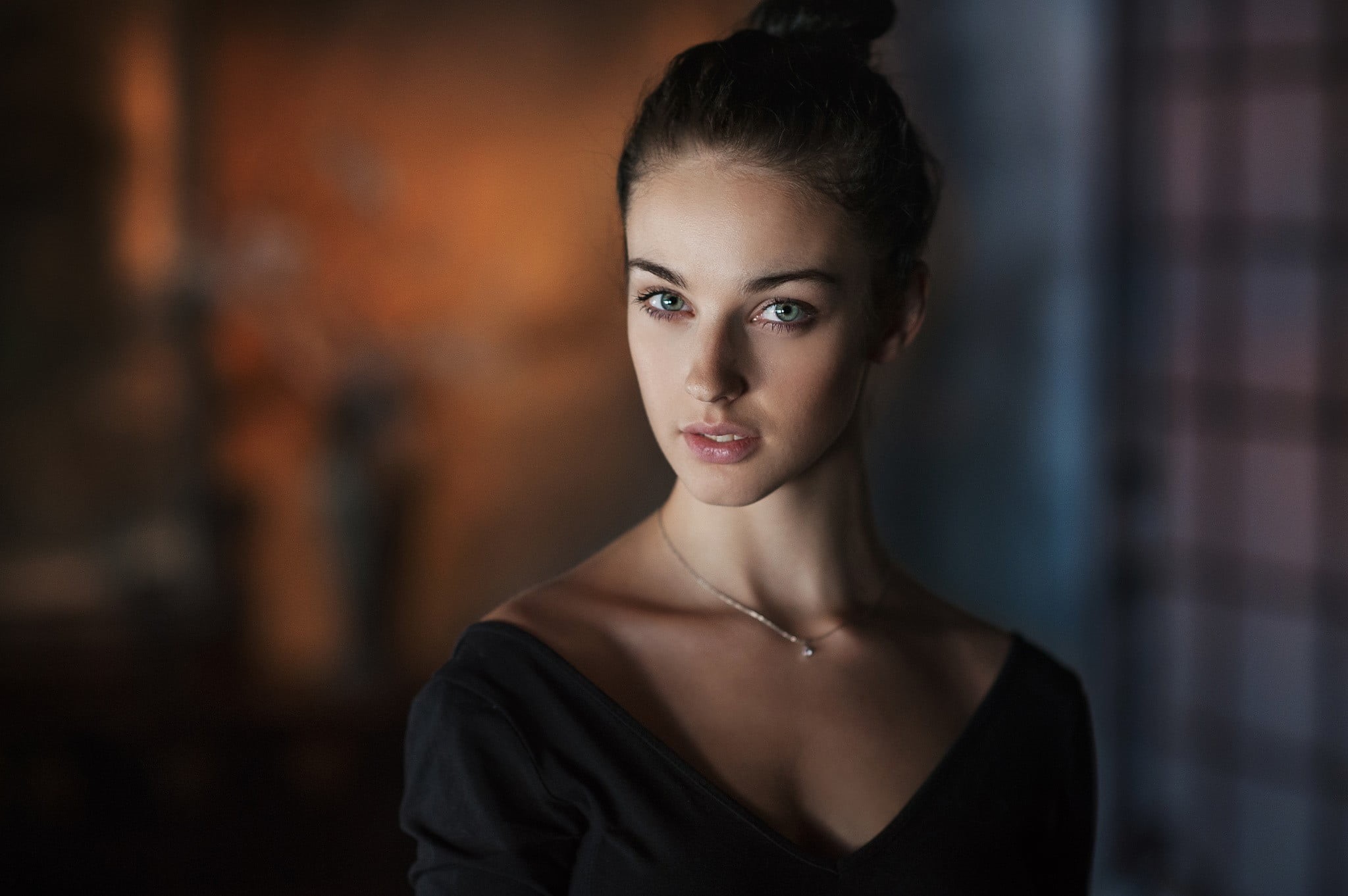 1080P, beautiful people, indoors, cleavage, black clothing, one person, young women, adult, beautiful woman, women, Alla Berger, headshot, necklace, hairstyle, HD Wallpaper