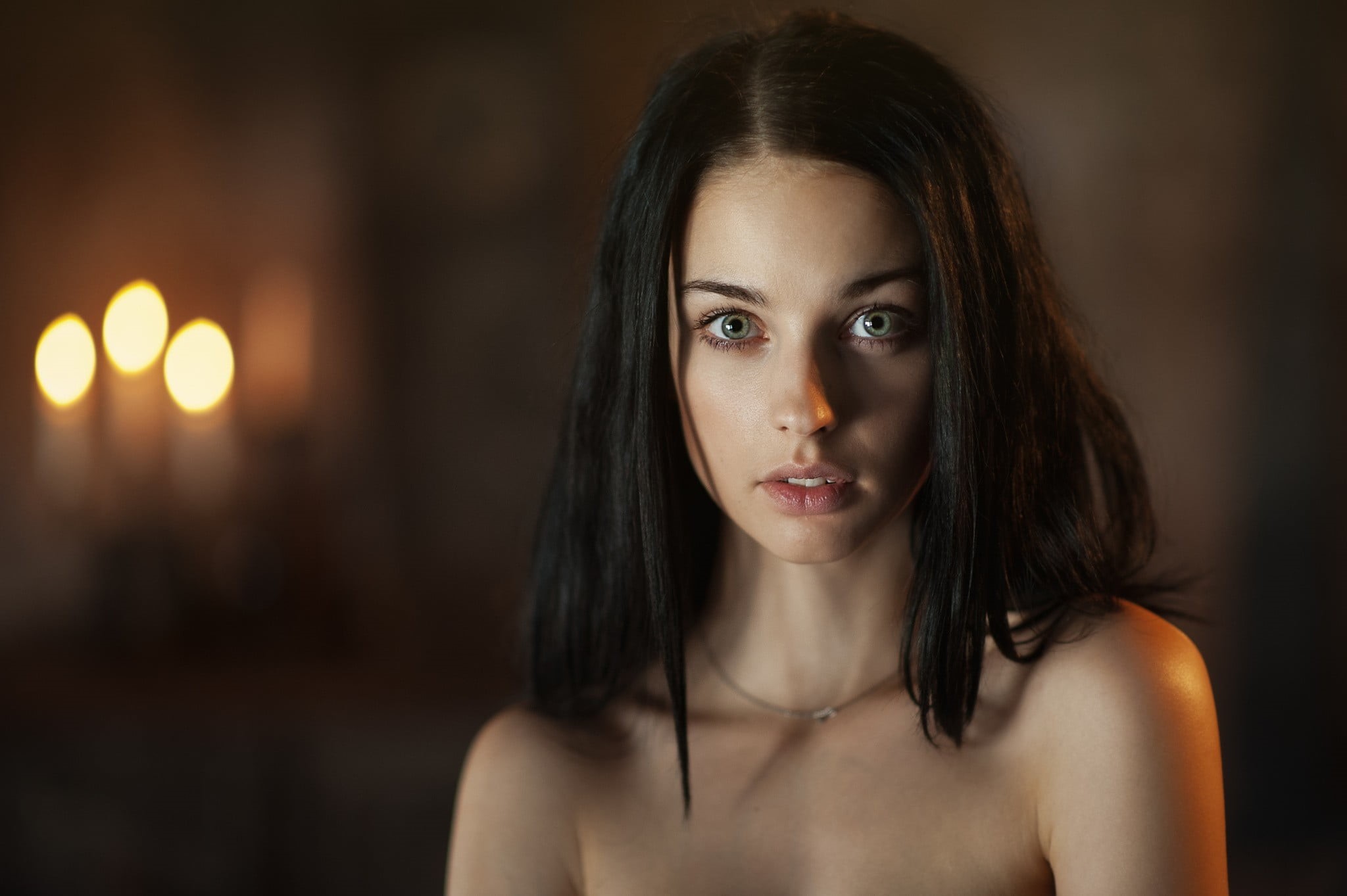 model, body part, contemplation, green eyes, young women, headshot, beauty, bare shoulders, indoors, adult, necklace, long hair, beautiful woman, Maxim Maksimov, HD Wallpaper