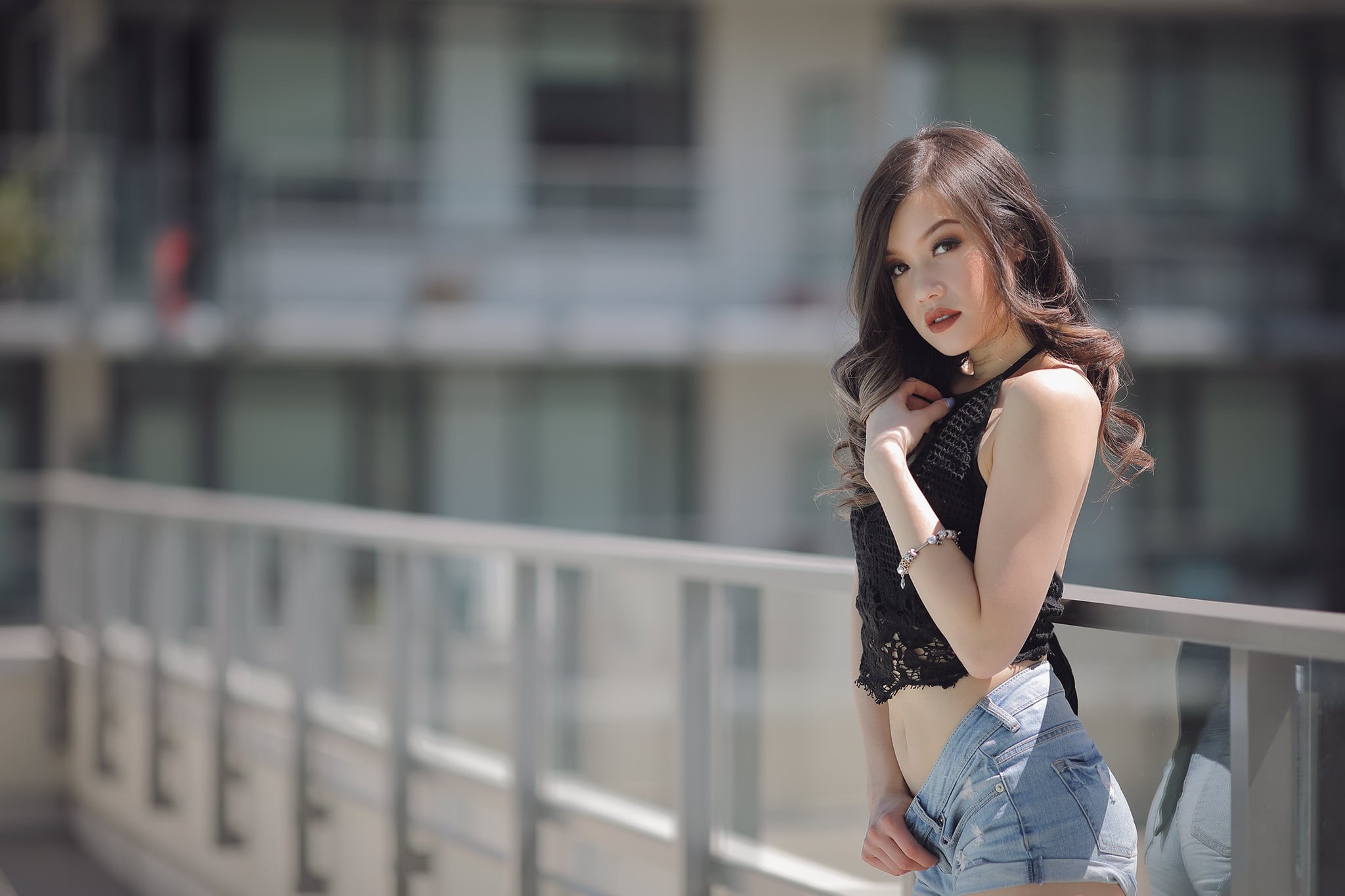 focus on foreground, Asian, looking at camera, teenager, railing, beautiful woman, lifestyles, three quarter length, architecture, belly, long hair, women, HD Wallpaper