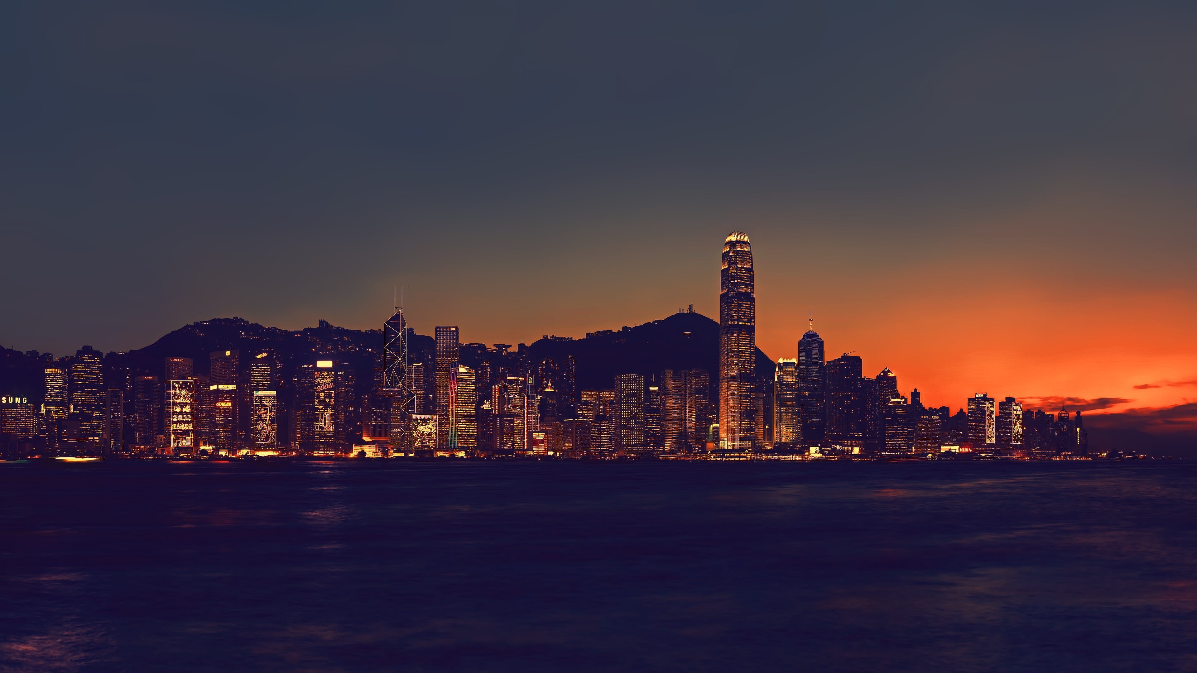 dusk, skyscraper, 4K, high, no people, illuminated, sky, modern, night, office building exterior, water, outdoors, nightlife, black, residential district, HD Wallpaper