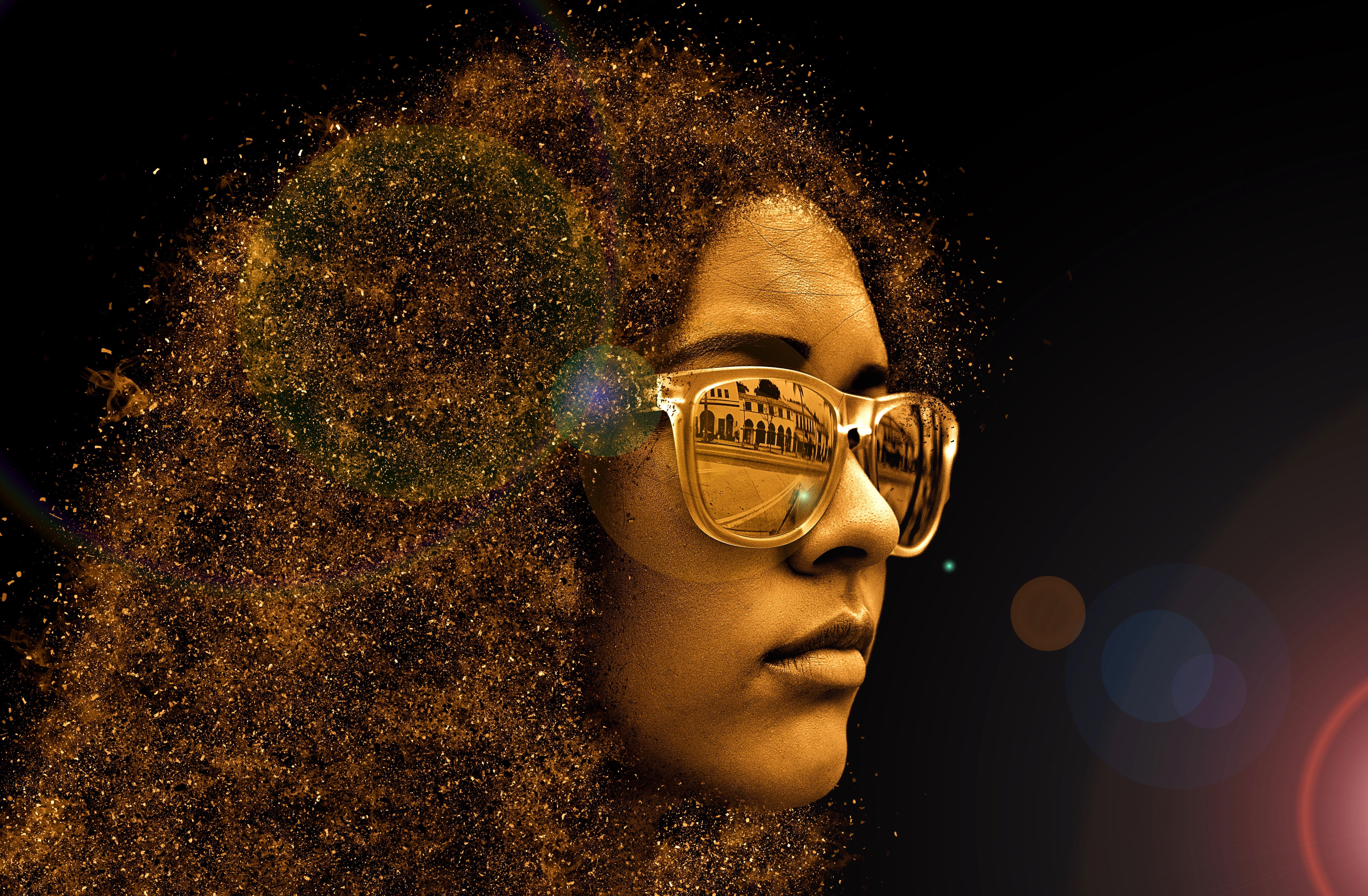 only women, african Descent, headshot, abstract, people, beautiful, art, black background, front view, looking at camera, wearing, glasses, woman, real people, HD Wallpaper