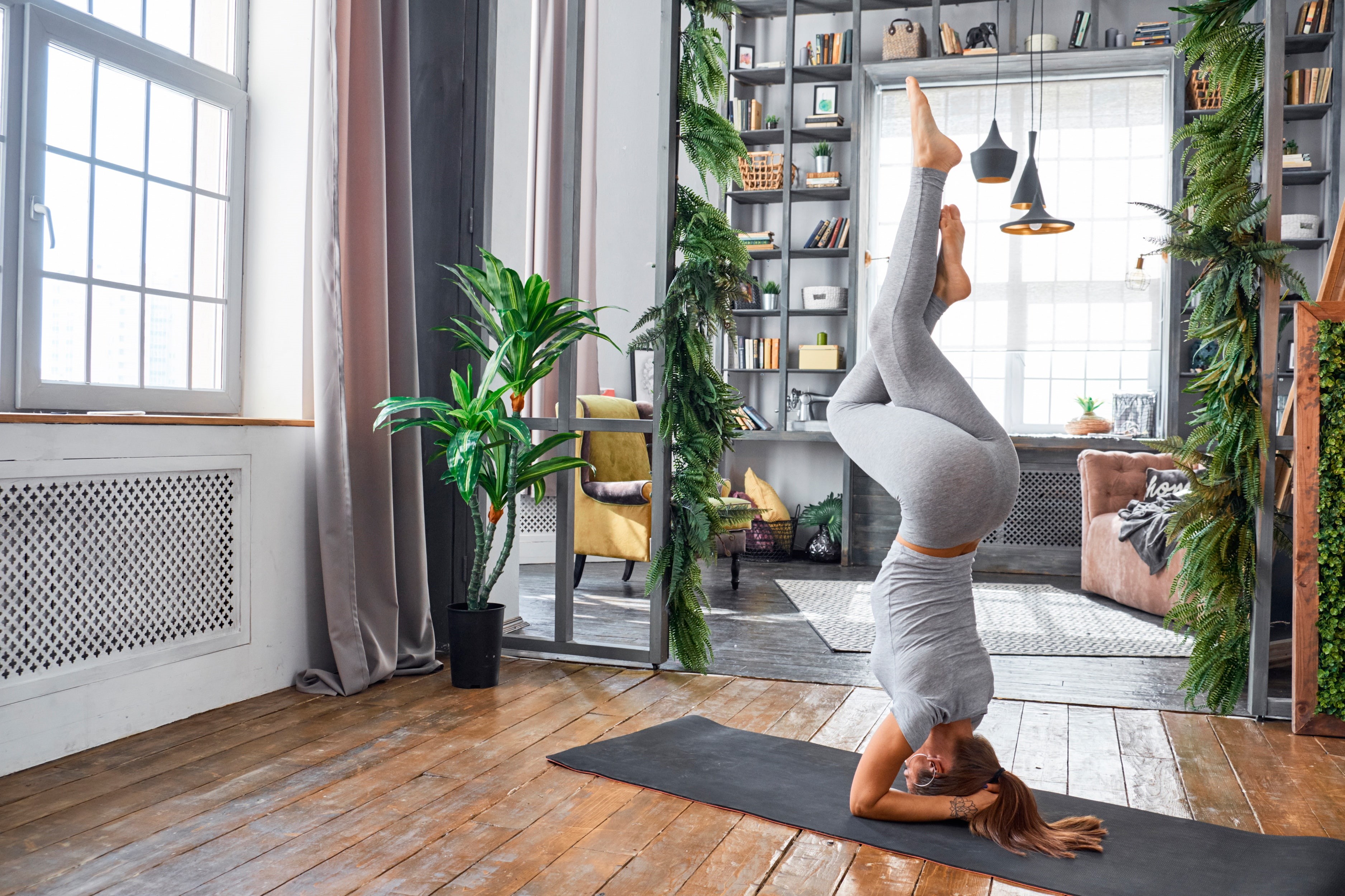 brown hair, flexible, stand, figure, girl, Mike, on the head, 2K, leggings, yoga, room, Mat, pose, fitness, HD Wallpaper