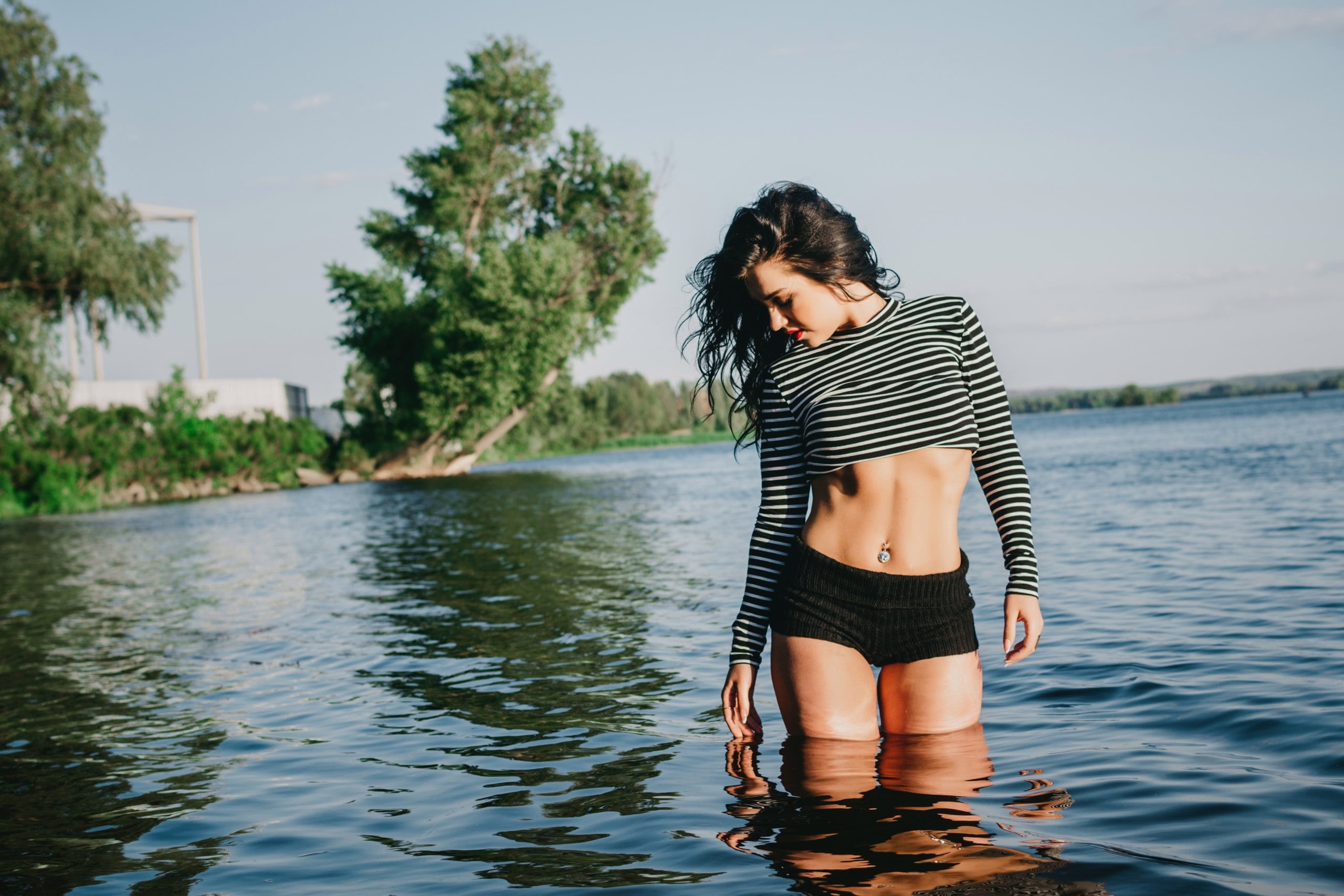 sky, outdoors, piercing, hairstyle, water, brunette, waterfront, plant, day, standing, leisure activity, portrait, white, lake, tree, childhood, the gap, HD Wallpaper