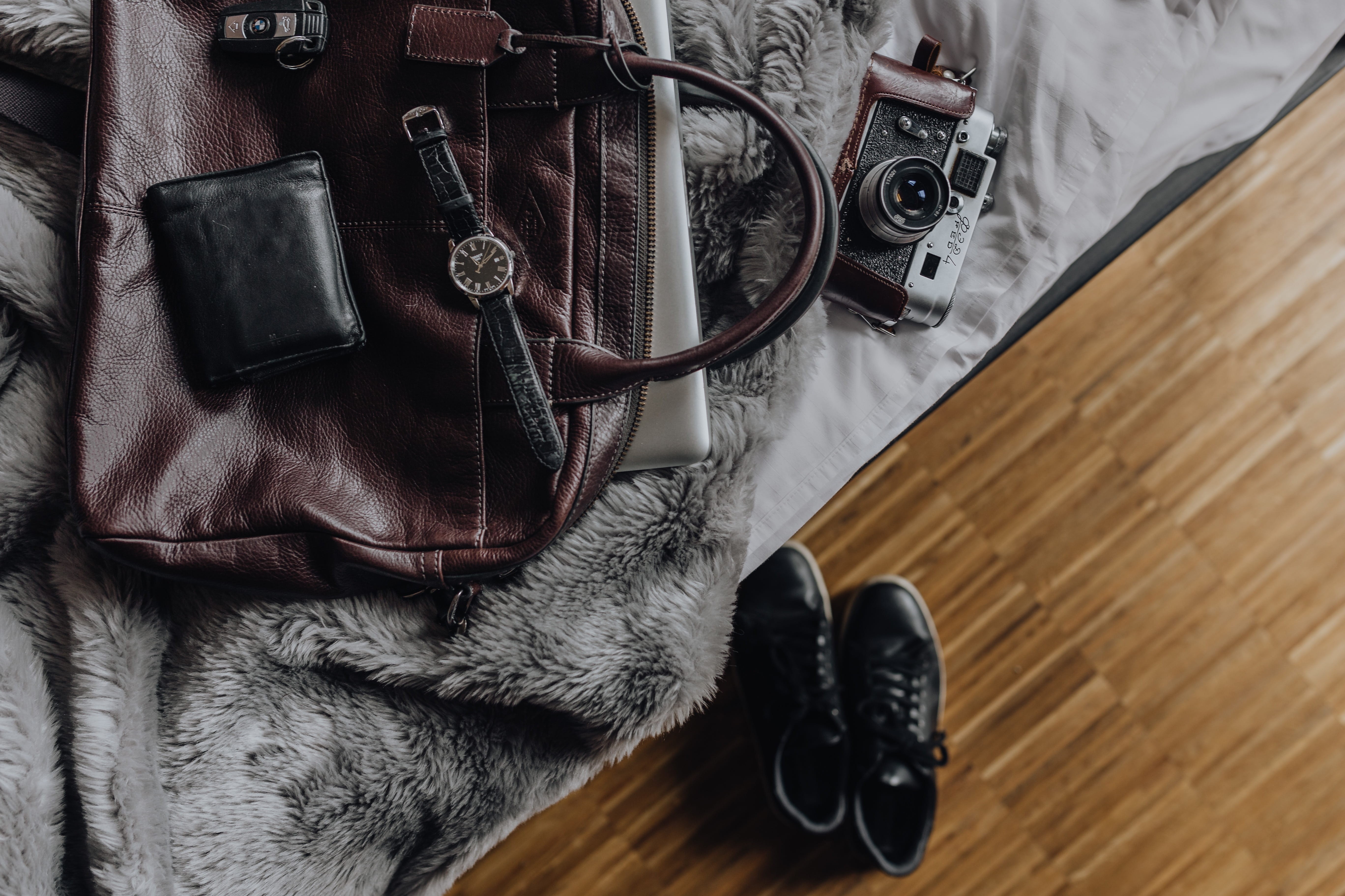 men, mens, high angle view, casual, still life, essential, stylish, leather, clothing, leather bag, shoe, casual clothing, male, shoelace, 5K, s, furniture, HD Wallpaper
