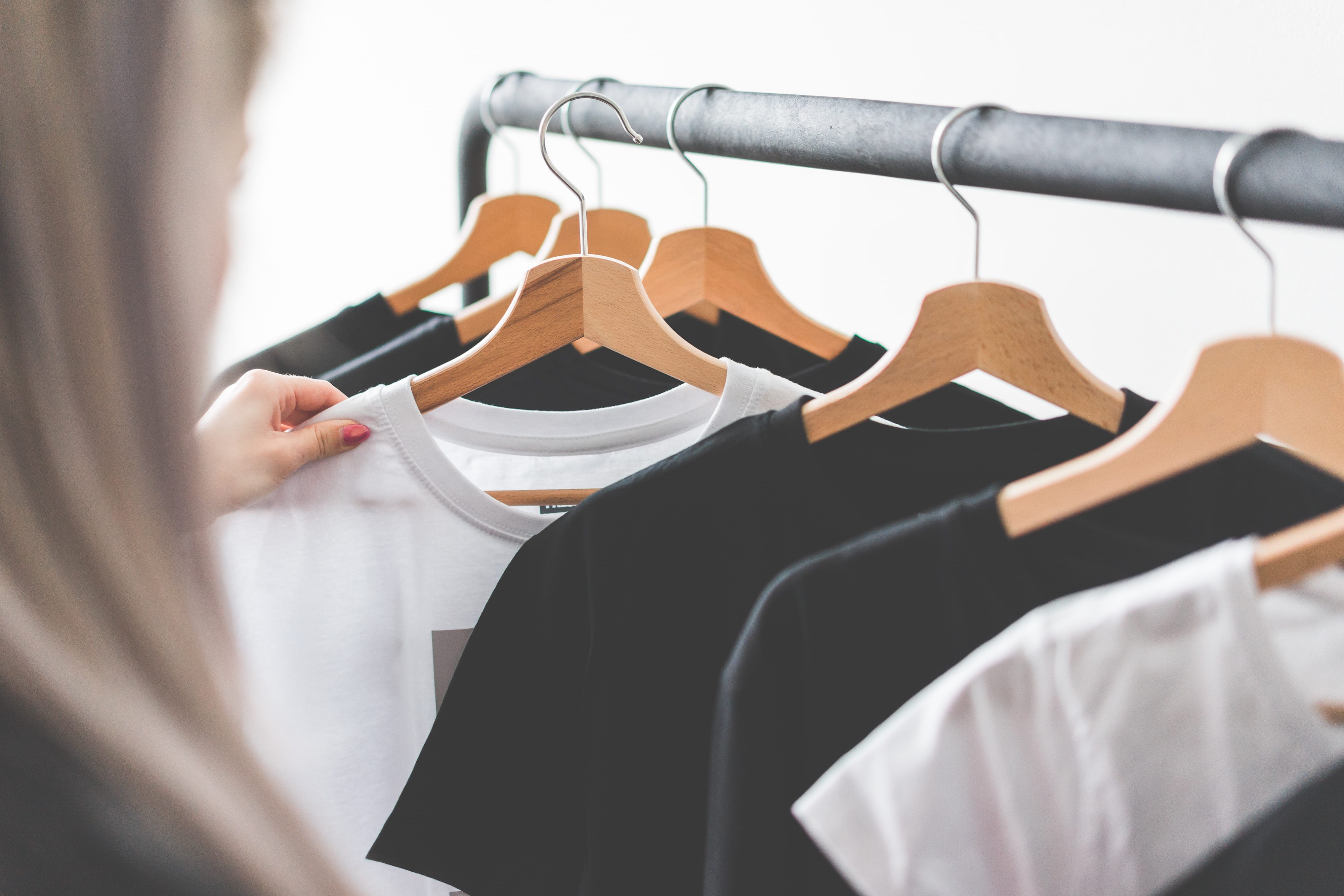 T-Shirts, Clothing, Store, indoors, wooden, tees, adult, closet, selling, 4K, fashion, business, women, room for text, Shopping, garment, hanging, choosing, HD Wallpaper