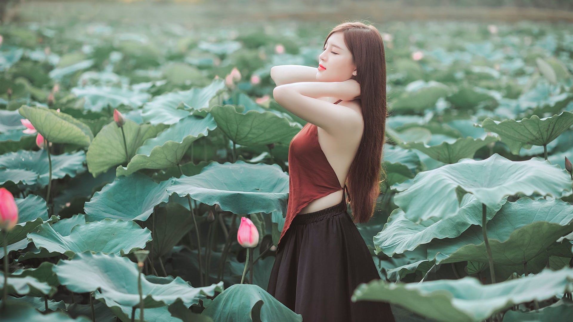 nature, plant, leaf, outdoors, adult, red lipstick, photography, women, growth, fashion, closed eyes, plant part, lifestyles, green color, beautiful woman, HD Wallpaper