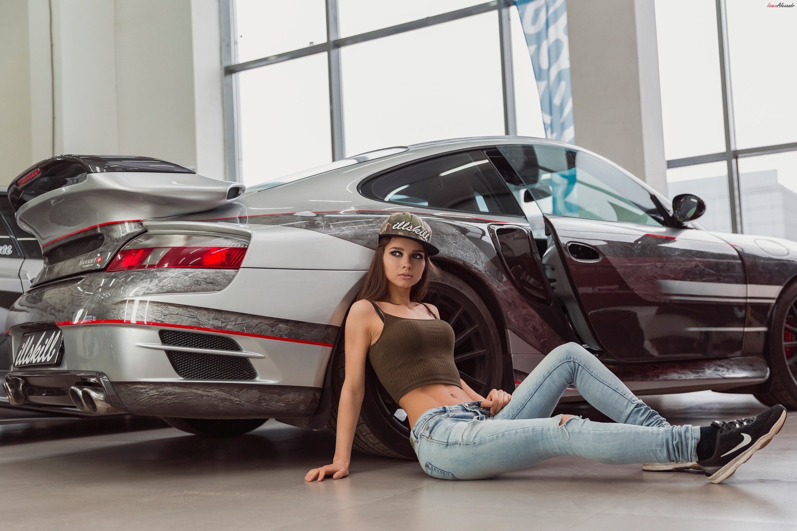 car, pierced navel, looking away, 2K, belly, model, torn jeans, Alexander Isaev, vehicle, women indoors, women with cars, sneakers, Nike, indoors, women, HD Wallpaper