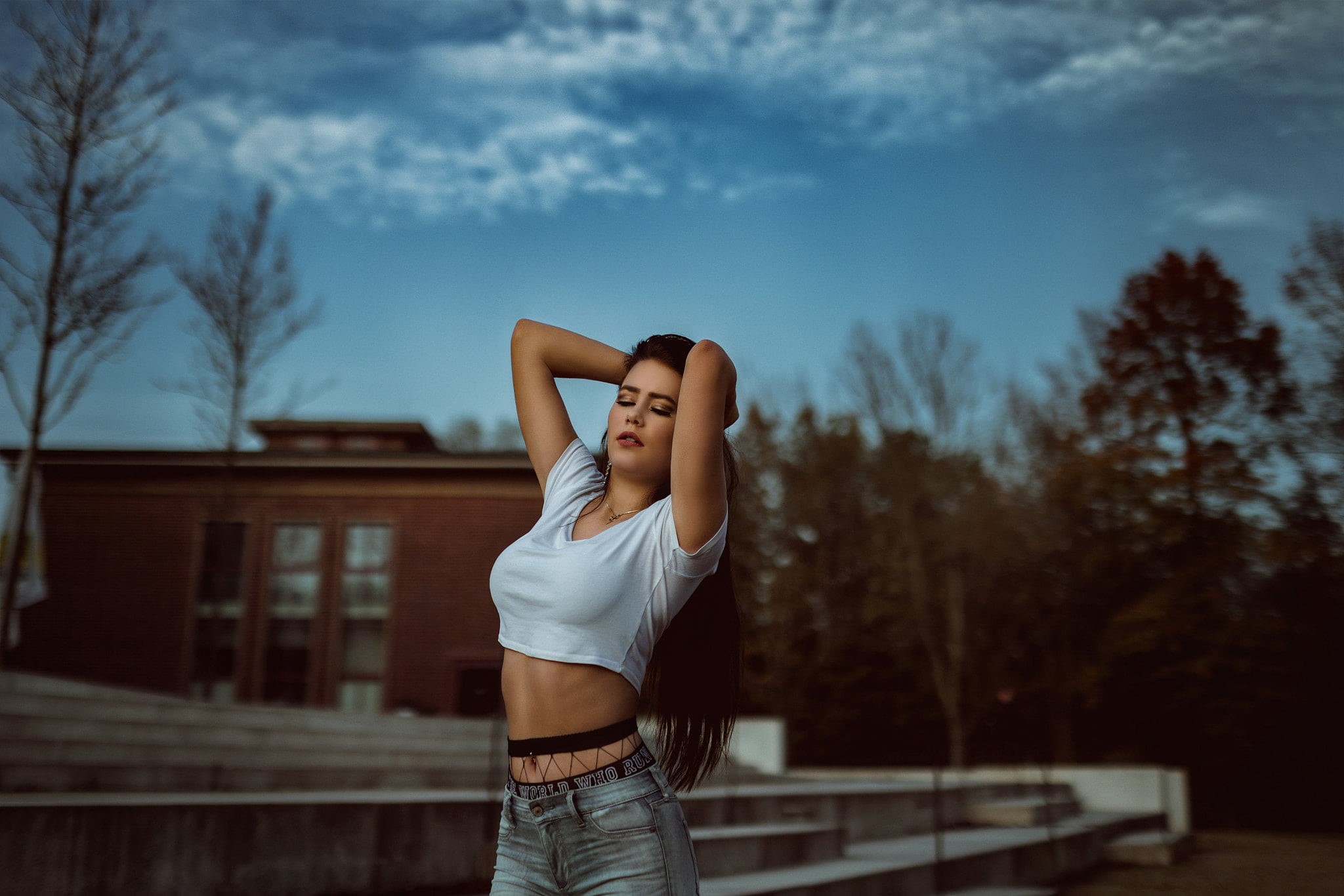 fishnet stockings, standing, outdoors, women outdoors, human arm, real people, adult, arms raised, portrait, beautiful woman, young women, jeans, teenager, HD Wallpaper
