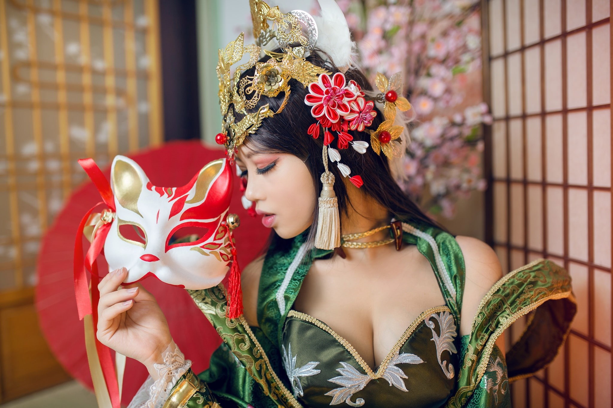 hairstyle, mask, image, face, shoulders, style, pose, headdress, cosplay, cat, portrait, hand, costume, closed eyes, turn, decoration, chest, background, HD Wallpaper