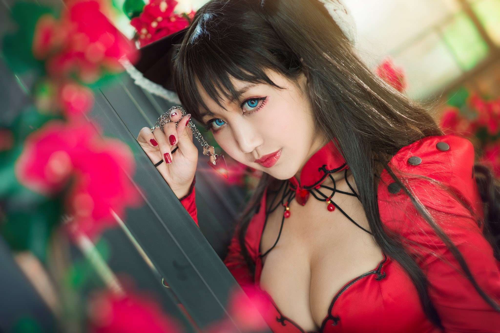 background, nails, chest, brunette, face, flowers, the fence, image, 1080P, look, cosplay, costume, neckline, bangs, blue eyes, red, Asian, makeup, hands, HD Wallpaper