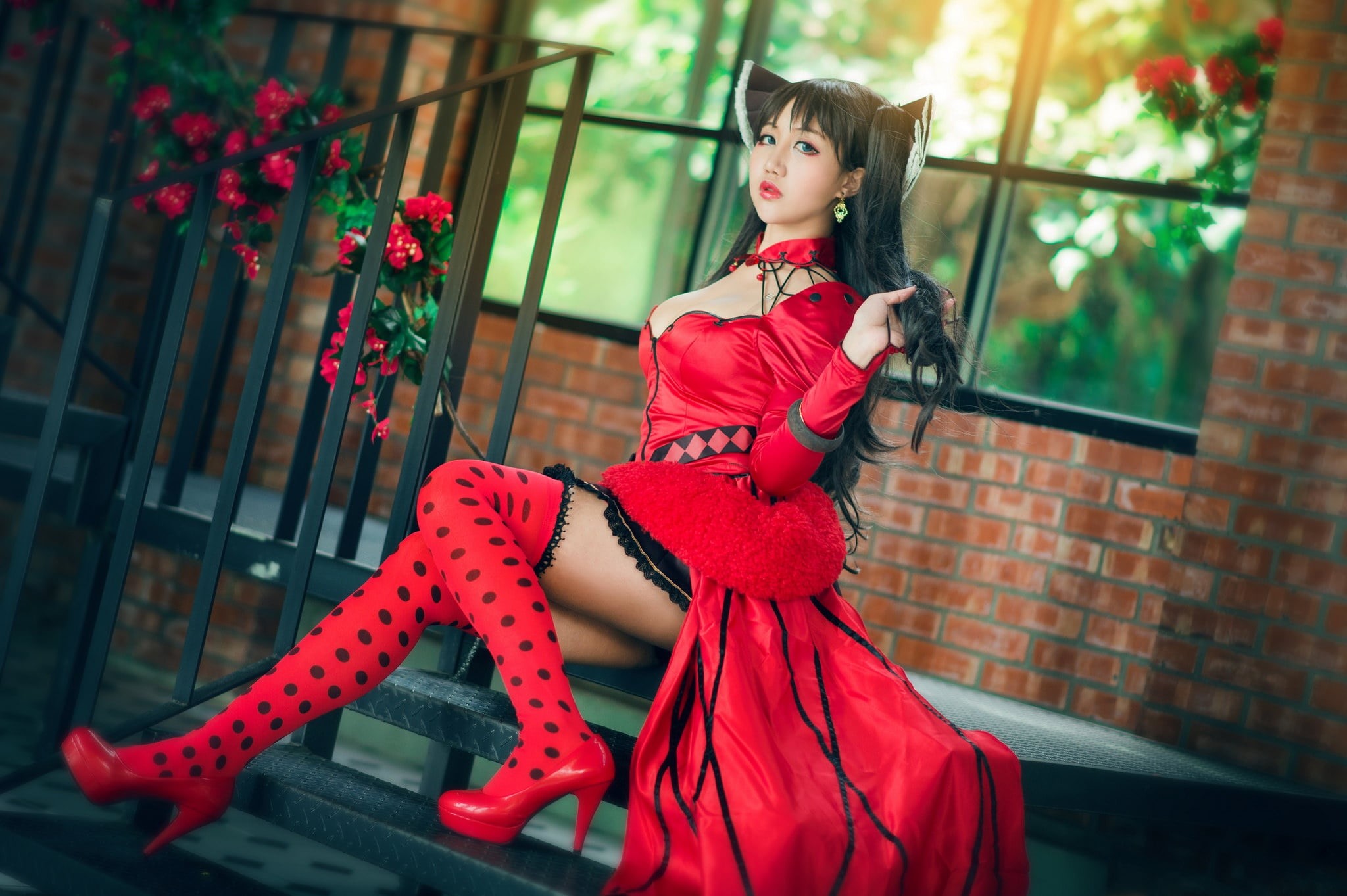 feet, hair, window, railings, neckline, hand, sitting, stage, pose, red, blue eyes, girl, cutie, face, cosplay, bricks, chest, flowers, light, 1080P, bangs, HD Wallpaper