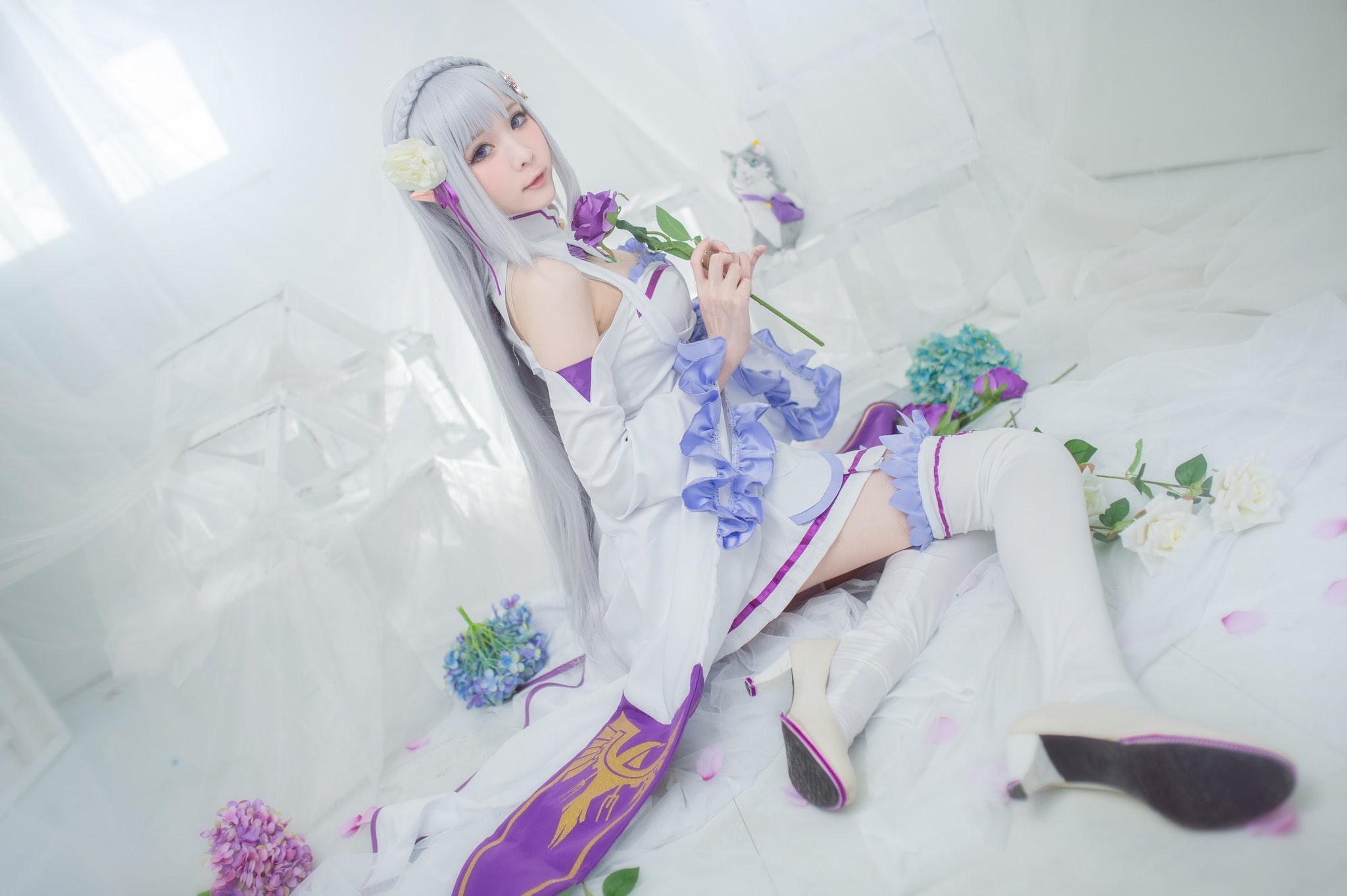 lilac, elf, purple, stockings, room, sitting, face, Asian, hydrangea, interior, pose, window, girl, cutie, image, outfit, floor, young, light background, HD Wallpaper