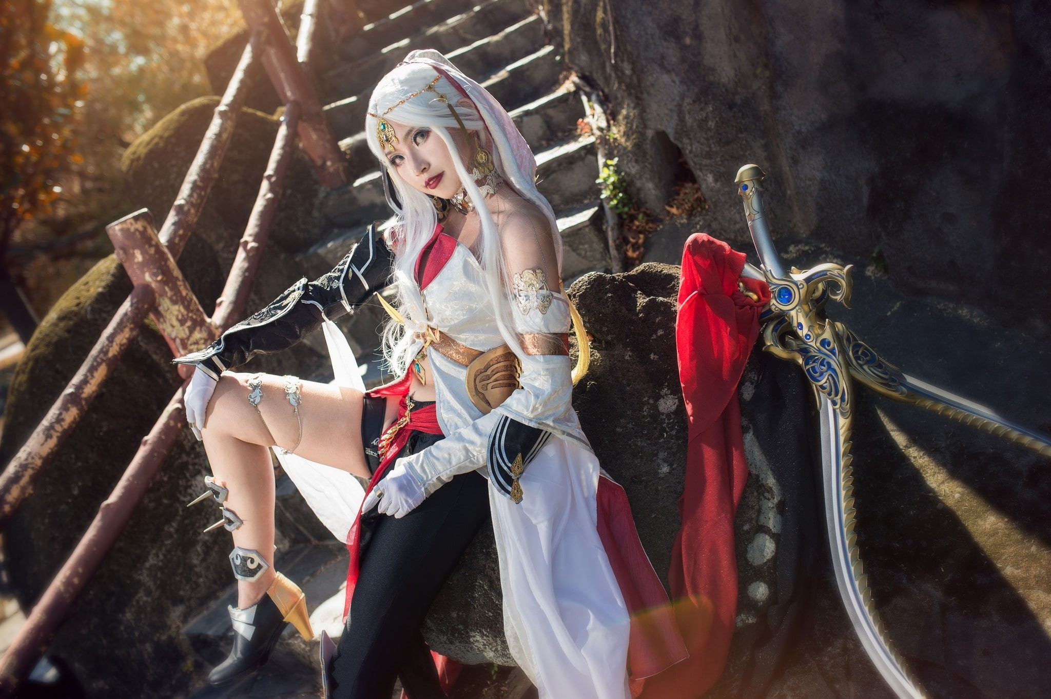 long-haired, girl, railings, sword, cosplay, militant, sitting, swords, shoes, beauty, the girl-soldier, image, light, elf, shoulders, feet, 1080P, posts, HD Wallpaper