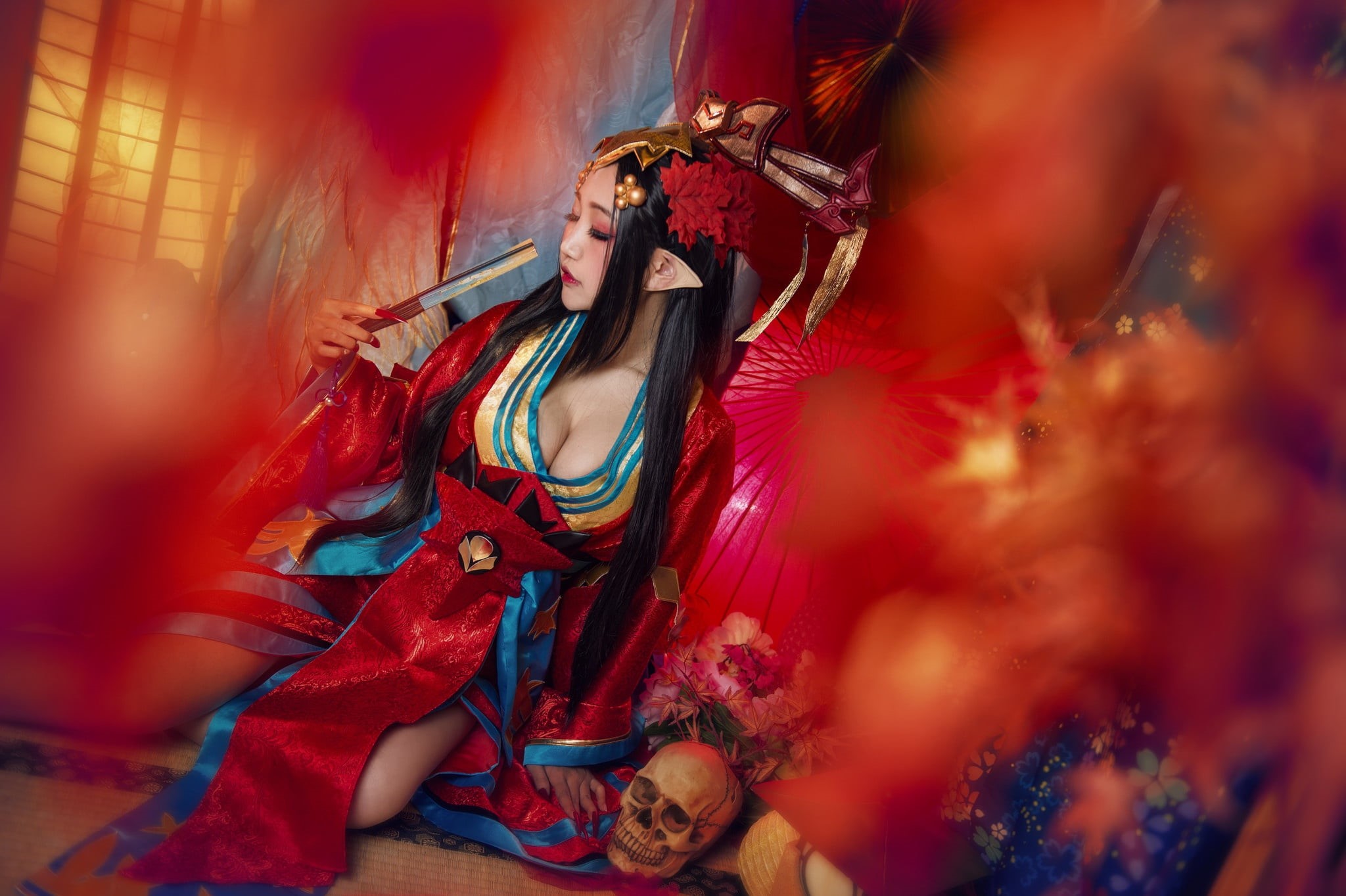 makeup, Asian, 1080P, bokeh, style, elf, outfit, pose, red, background, costume, character, the room, image, girl, skull, neckline, cosplay, fan, ears, HD Wallpaper