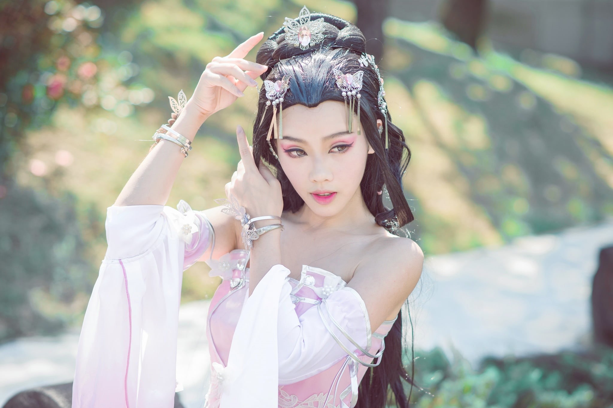 girl, spring, brooches, fingers, graceful, outfit, cosplay, bracelet, beauty, style, long-haired, street, hands, brunette, costume, portrait, pose, shoulders, HD Wallpaper