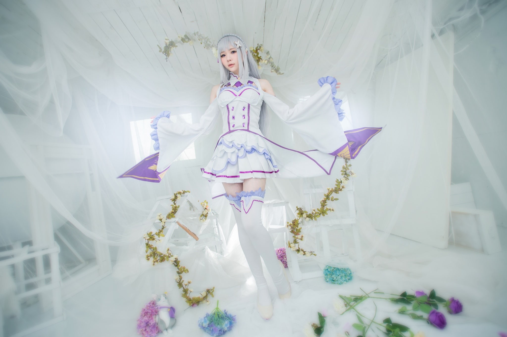 flowers, image, curtain, stockings, interior, blonde, white, shoes, look, sleeves, cosplay, window, costume, 1080P, light background, elf, pose, Asian, HD Wallpaper