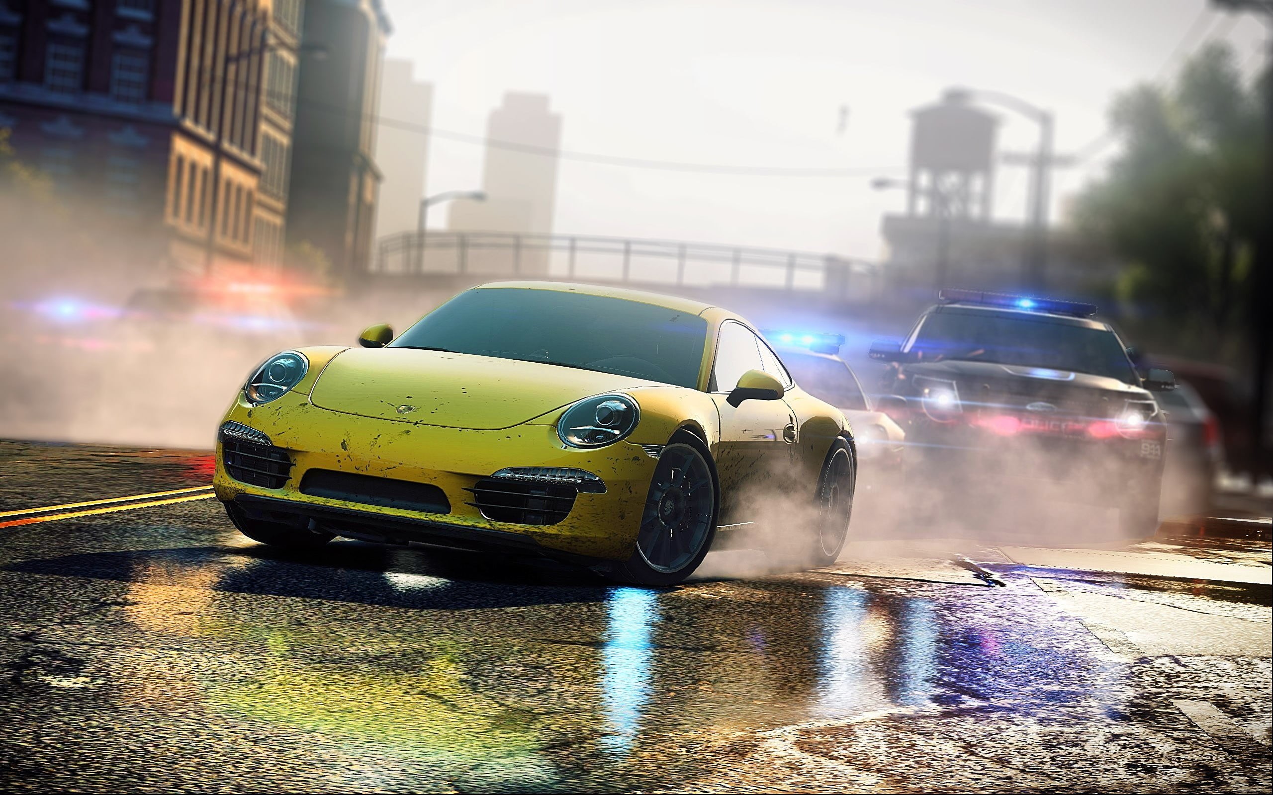 built structure, yellow cars, nature, motion, Porsche 911 Carrera S, wet, water, land vehicle, transportation, Porsche, Need for Speed, building exterior, HD Wallpaper