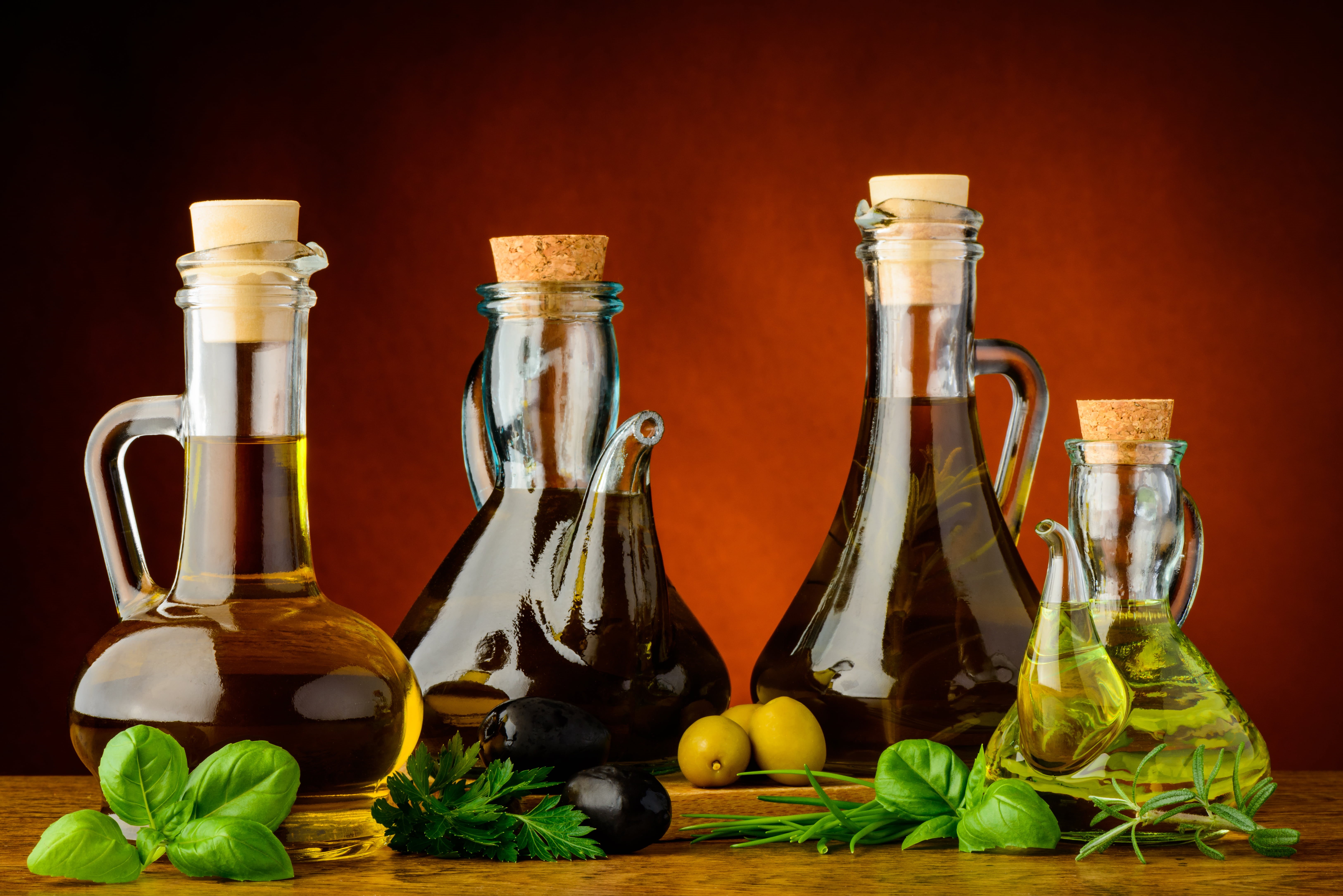 ingredient, colored background, indoors, food and drink, wood - material, bottle, cooking oil, olives, still life, wellbeing, oil, greens, glass - material, HD Wallpaper