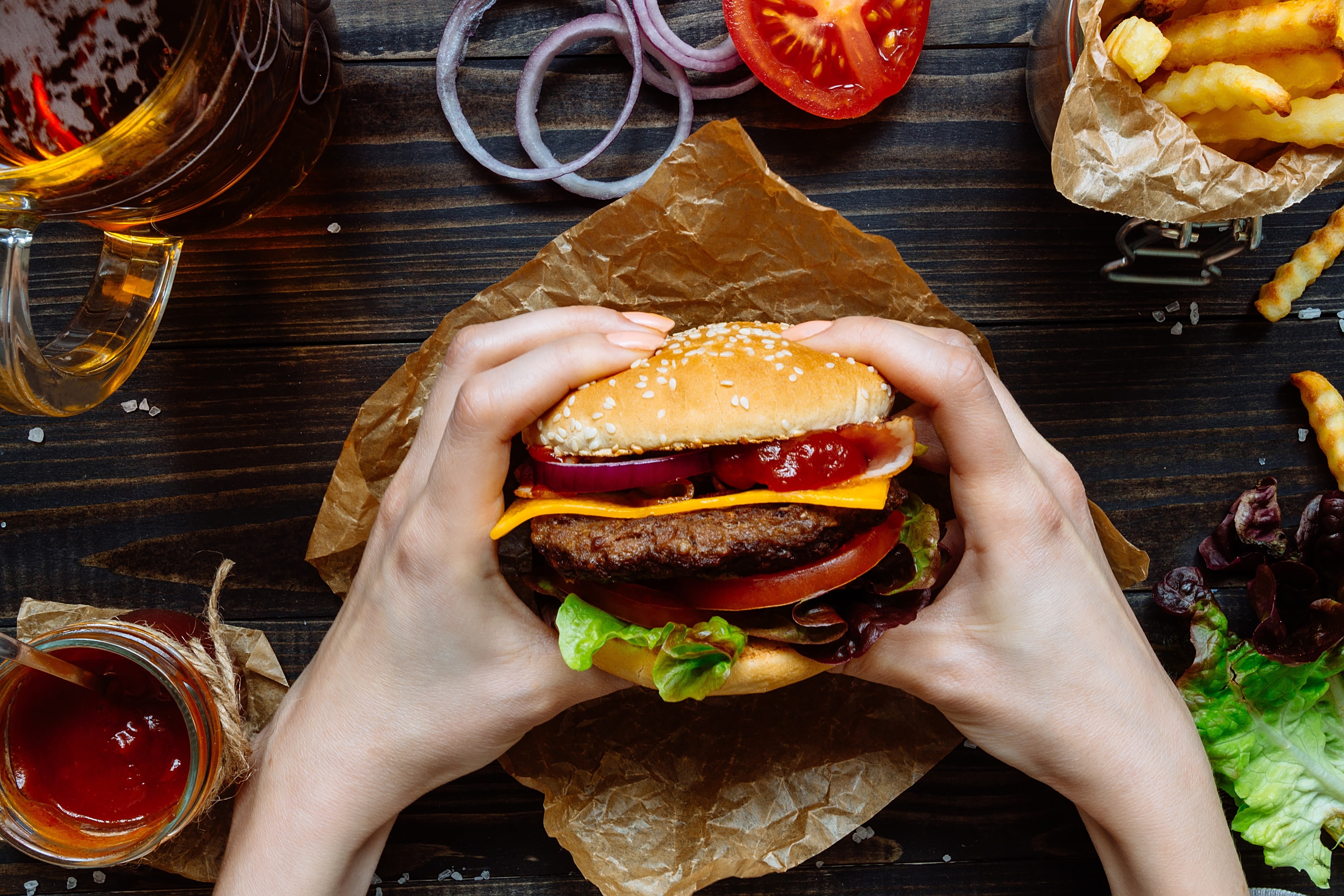 fries, Patty, ketchup, sesame, Burger, roll, 4K, cheese, fast food, bow, vegetables, HD Wallpaper