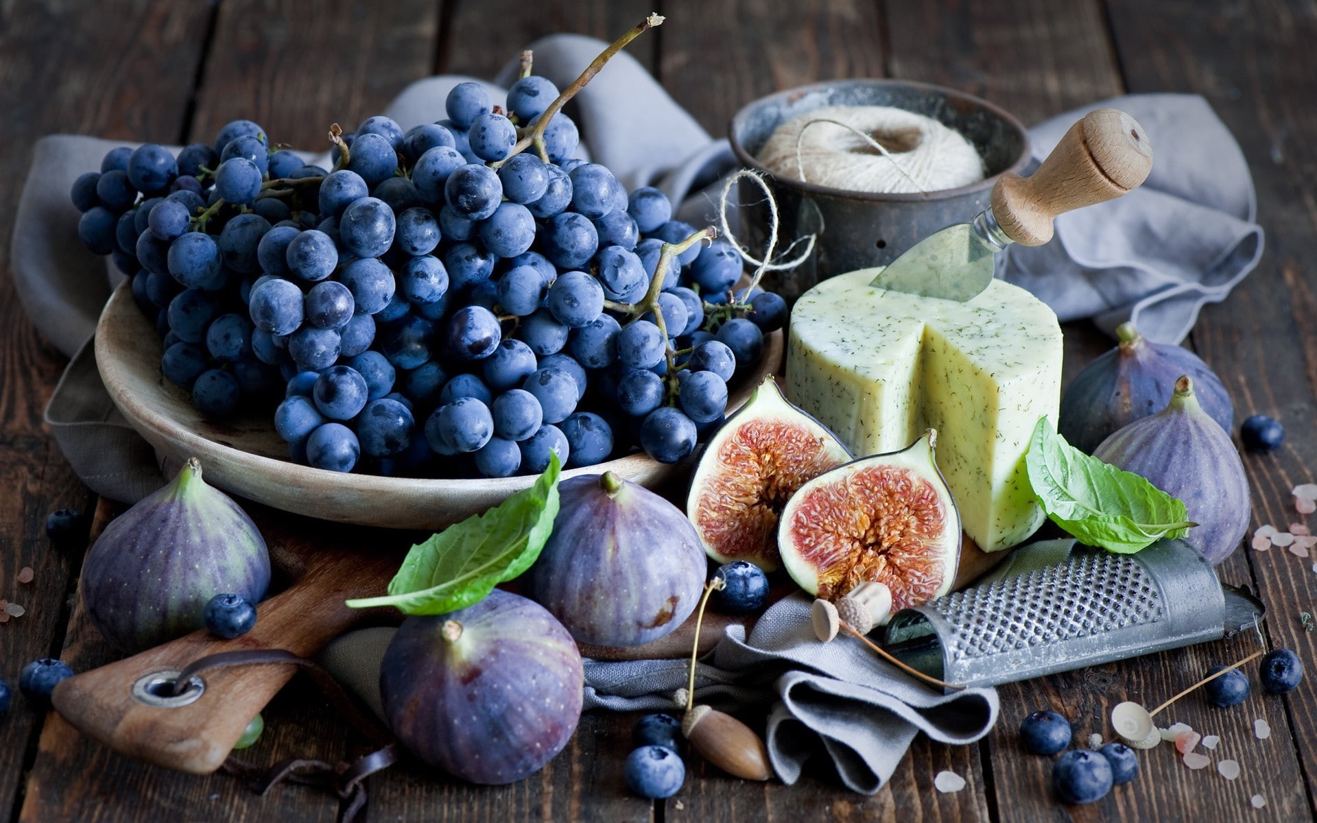cheese, 1080P, fig, fruit, lunch, grapes, blueberries, Black Grapes, food, HD Wallpaper