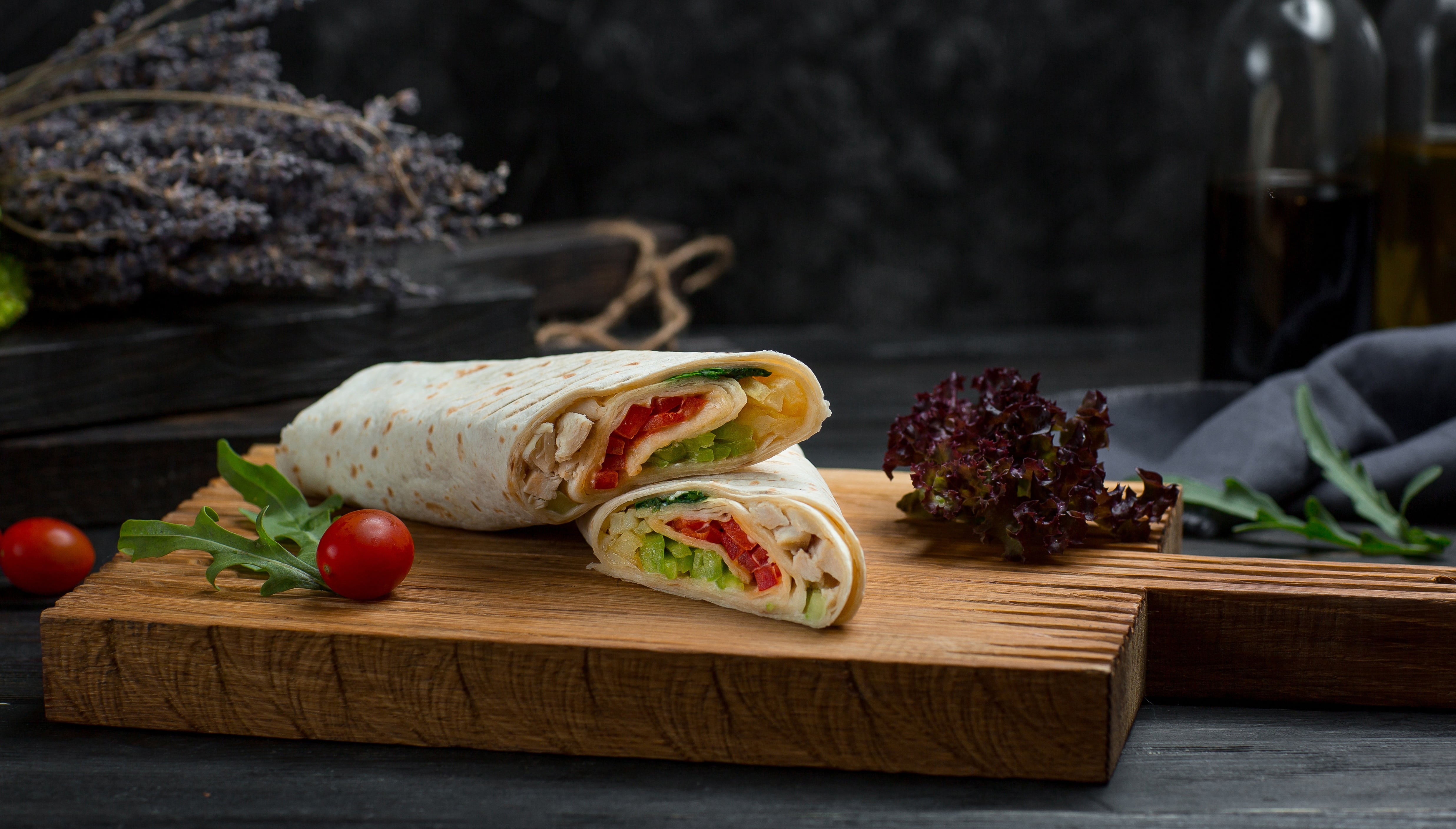 arugula, chicken, pita, 4K, meat, bird, greens, Shawarma, cherry, cheese, vegetables, HD Wallpaper