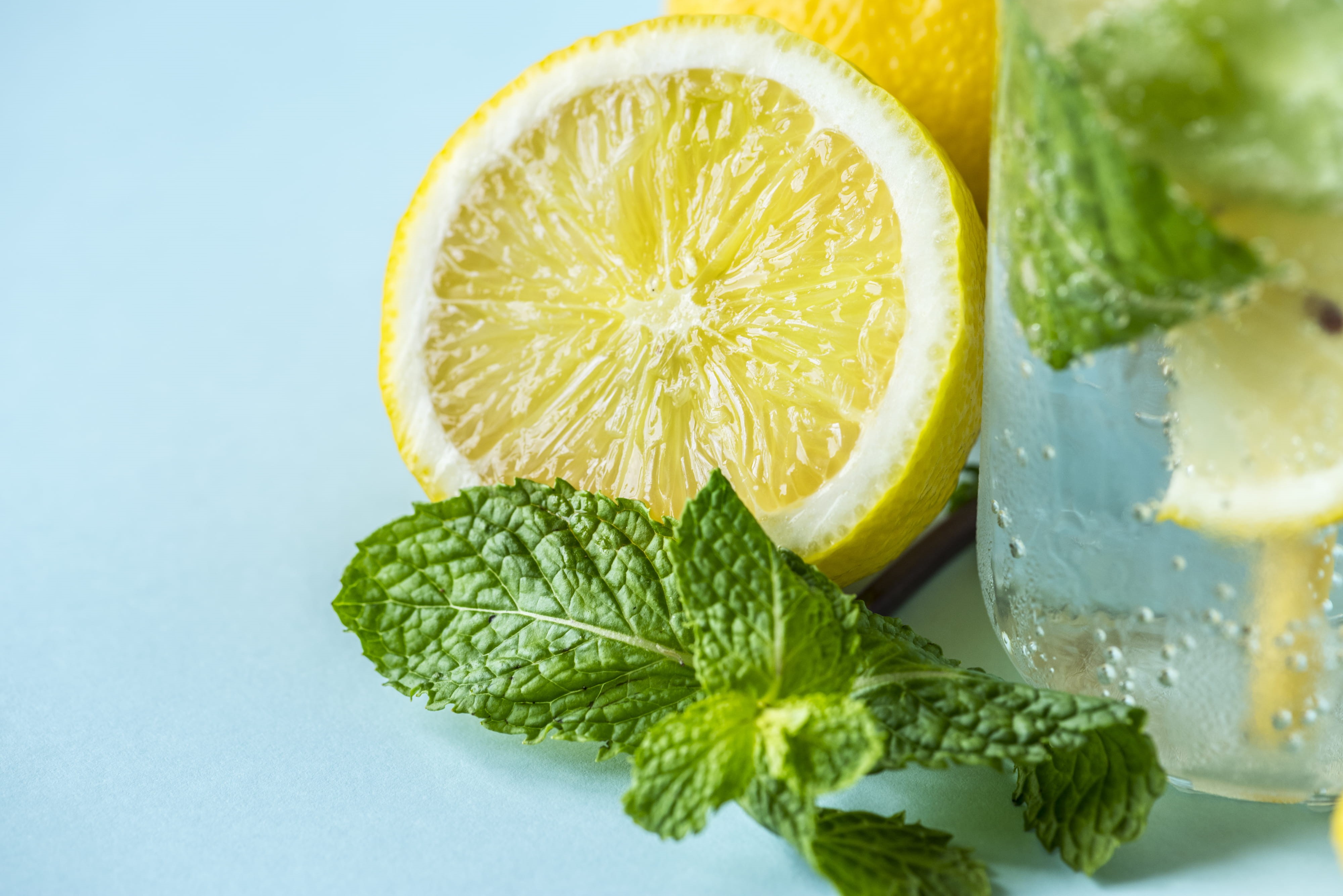 indoors, colored background, drink, healthy, lime, infused water, leaf, close-up, orange, mint, wellbeing, slice, cross section, healthy eating, ripe, food, HD Wallpaper
