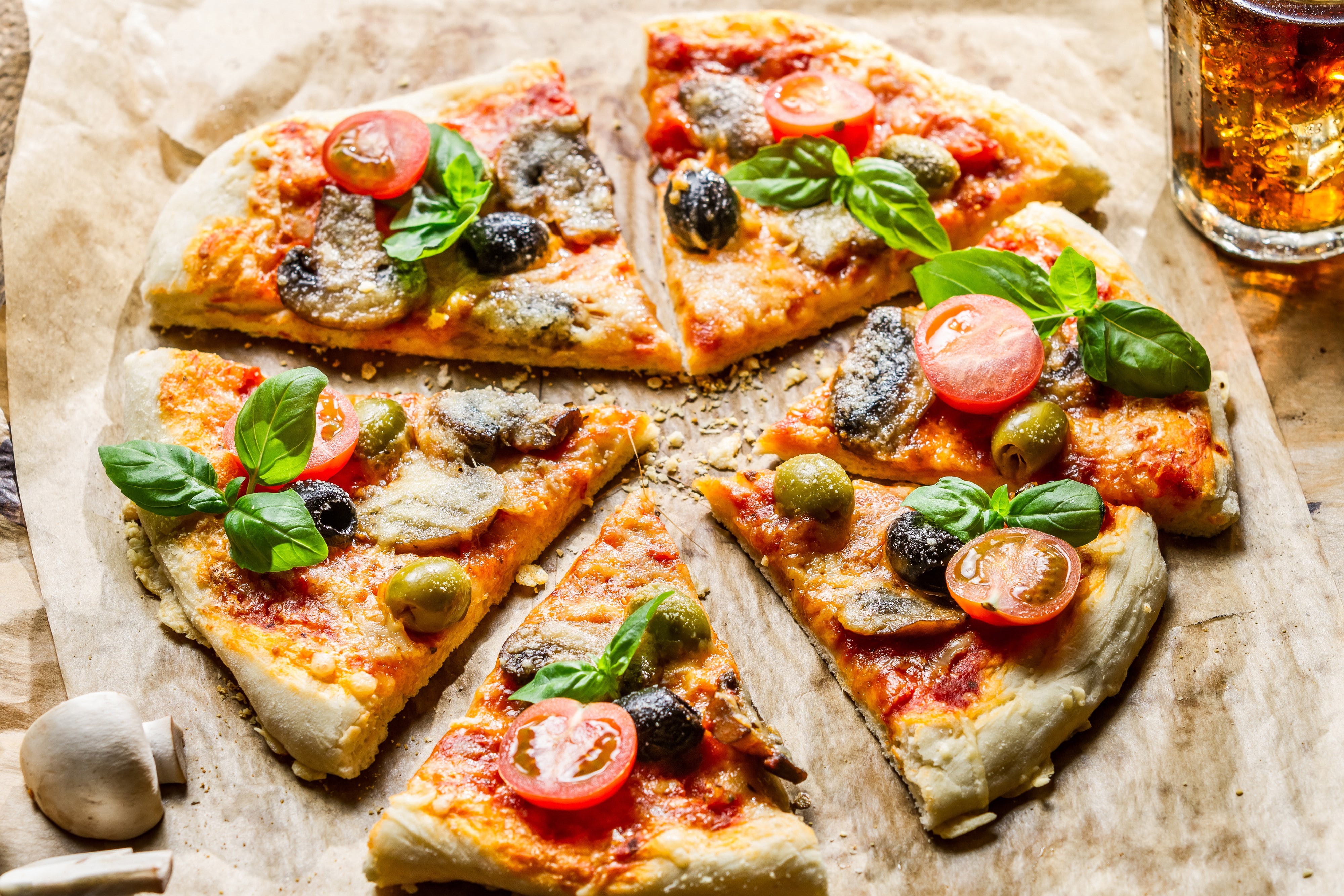 food, slices, olives, cherry tomatoes, 4K, mushrooms, basil, pizza, HD Wallpaper