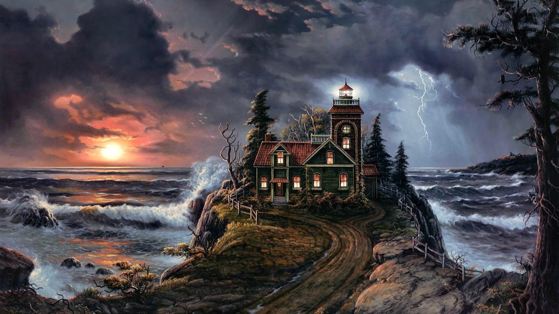 3d and abstract, paintings, 1080P, stormy, abstract, oil, oils, lighthouses, stormy sea, lighthouse, painting, HD Wallpaper