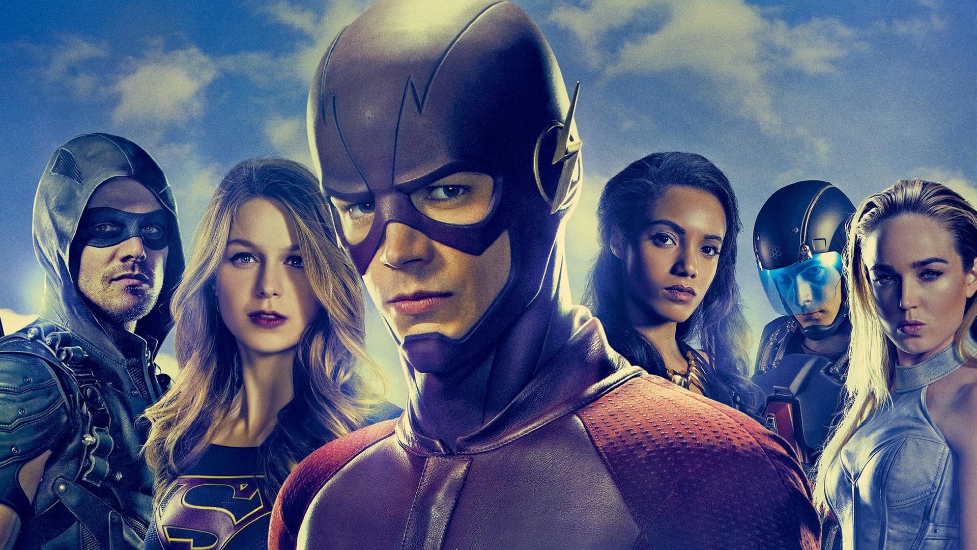 outdoors, looking at camera, group of people, Arrowverse, The Flash (2014), Grant Gustin, standing, sky, lifestyles, glasses, Supergirl, sunglasses, Maisie Richardson-Sellers, HD Wallpaper
