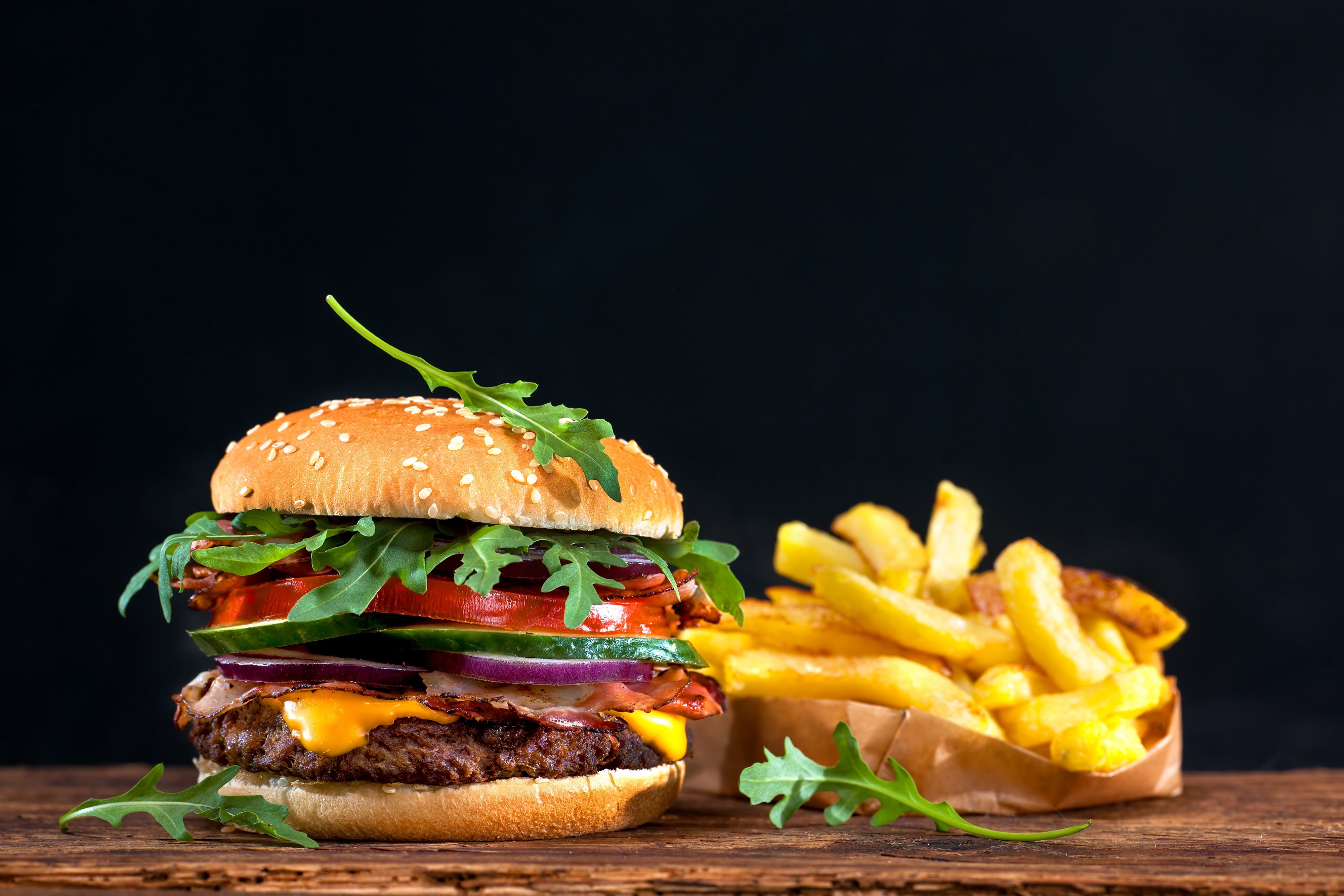 fast food, French fries, sandwich, black background, hamburger, 4K, bokeh, HD Wallpaper