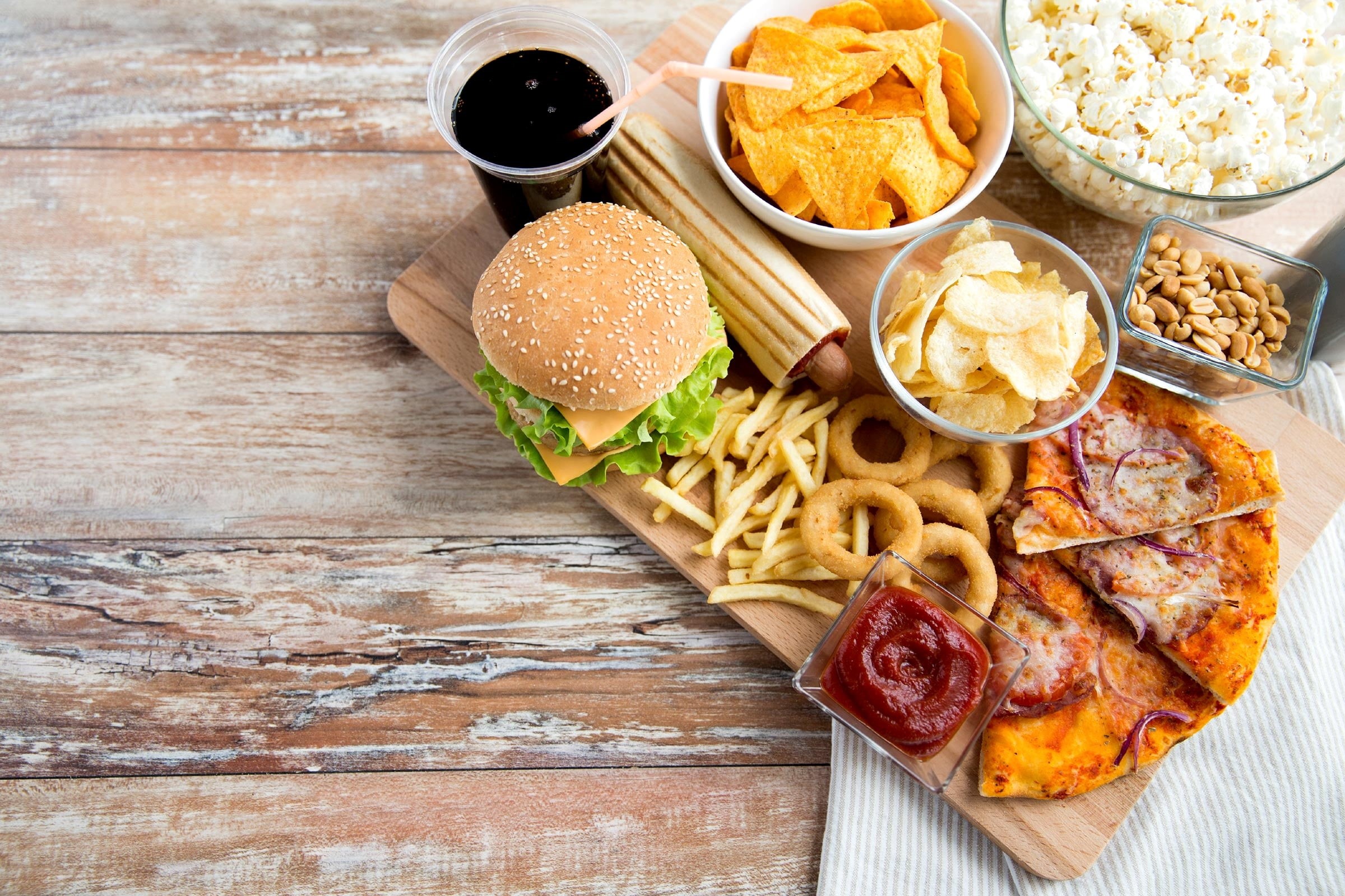 onion rings, Burger, chips, French fries, ketchup, pizza, fast food, 1080P, HD Wallpaper