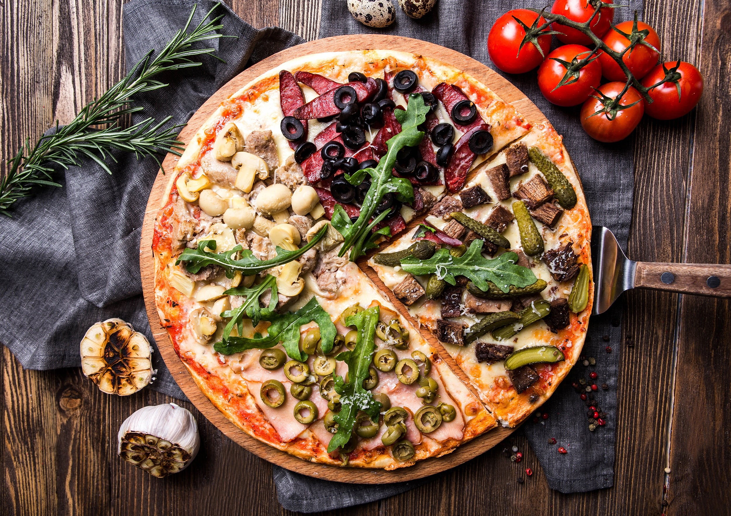 olives, pizza, ham, 1080P, tomatoes, sausage, mushrooms, HD Wallpaper