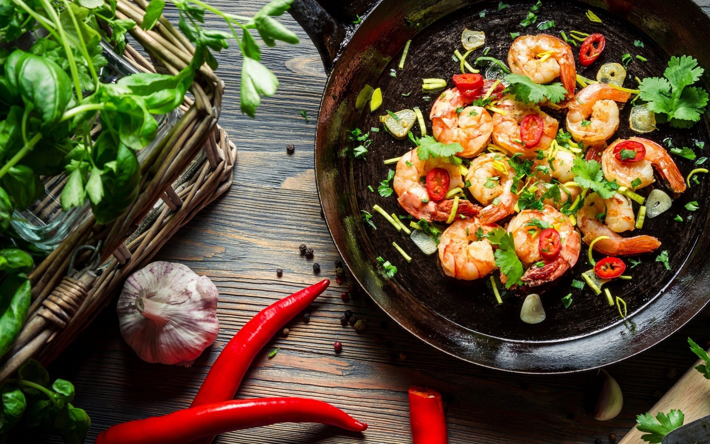pepper, 2K, food, herbs, shrimp, chilli, chili, garlic, HD Wallpaper