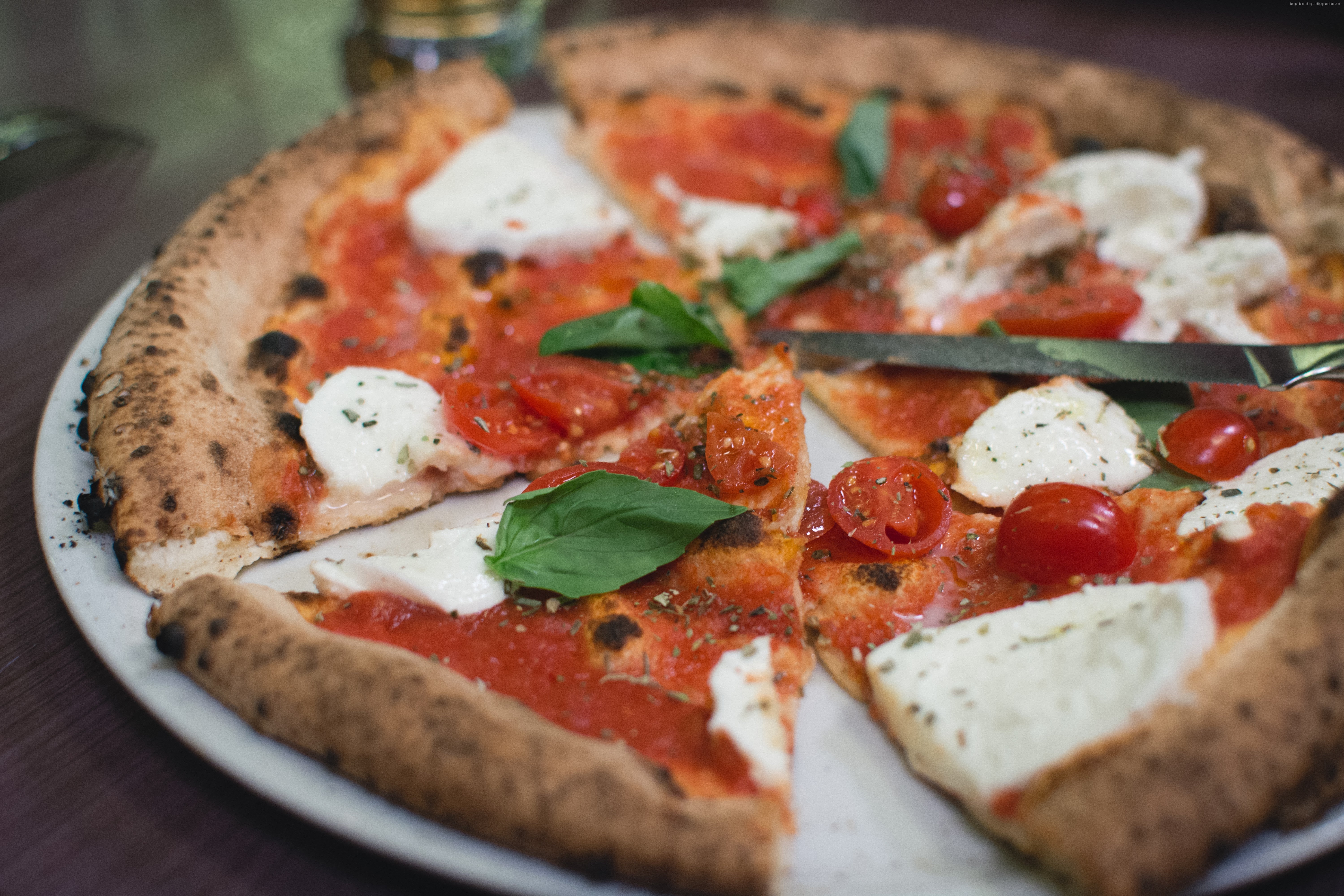mozzarella, 5K, basil, tomato, Pizza, HD Wallpaper